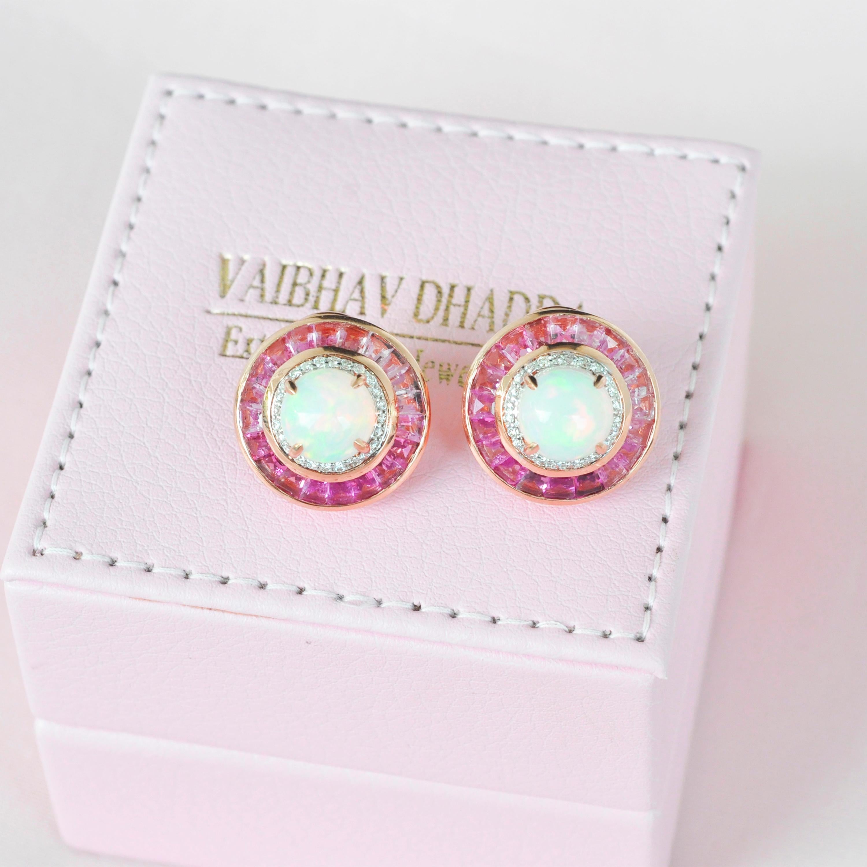 18 Karat Gold Pink Tourmaline Ethiopian Opal Diamond Circular Stud Earrings  For Sale 3