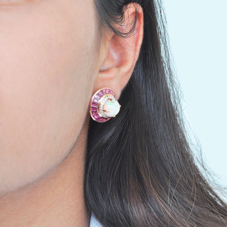 Women's 18 Karat Gold Pink Tourmaline Ethiopian Opal Diamond Circular Stud Earrings  For Sale