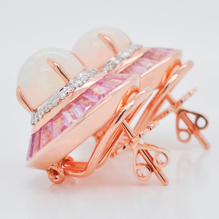 18 Karat Gold Pink Tourmaline Ethiopian Opal Diamond Circular Stud Earrings  For Sale 5
