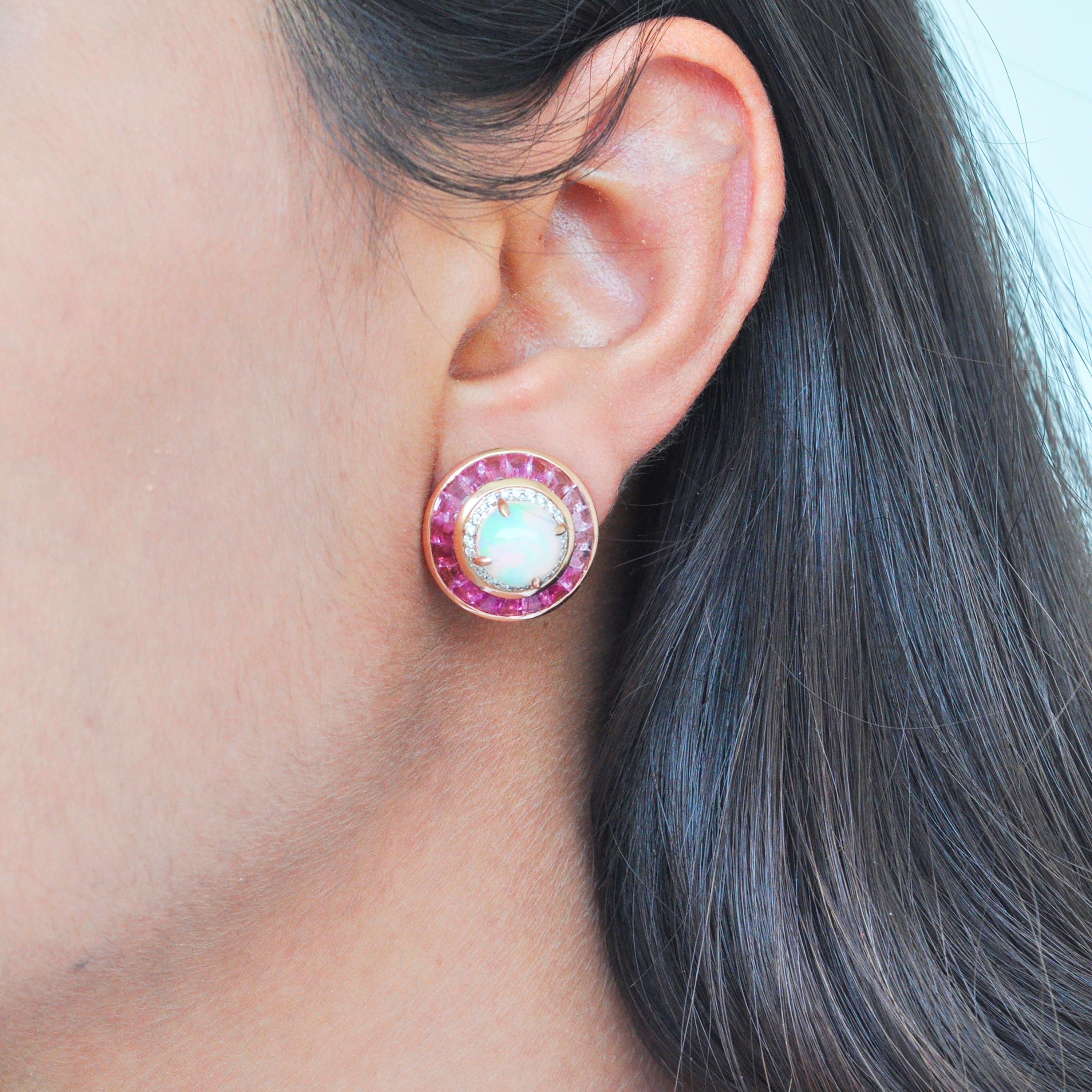 18 Karat Gold Pink Tourmaline Ethiopian Opal Diamond Circular Stud Earrings  For Sale 12