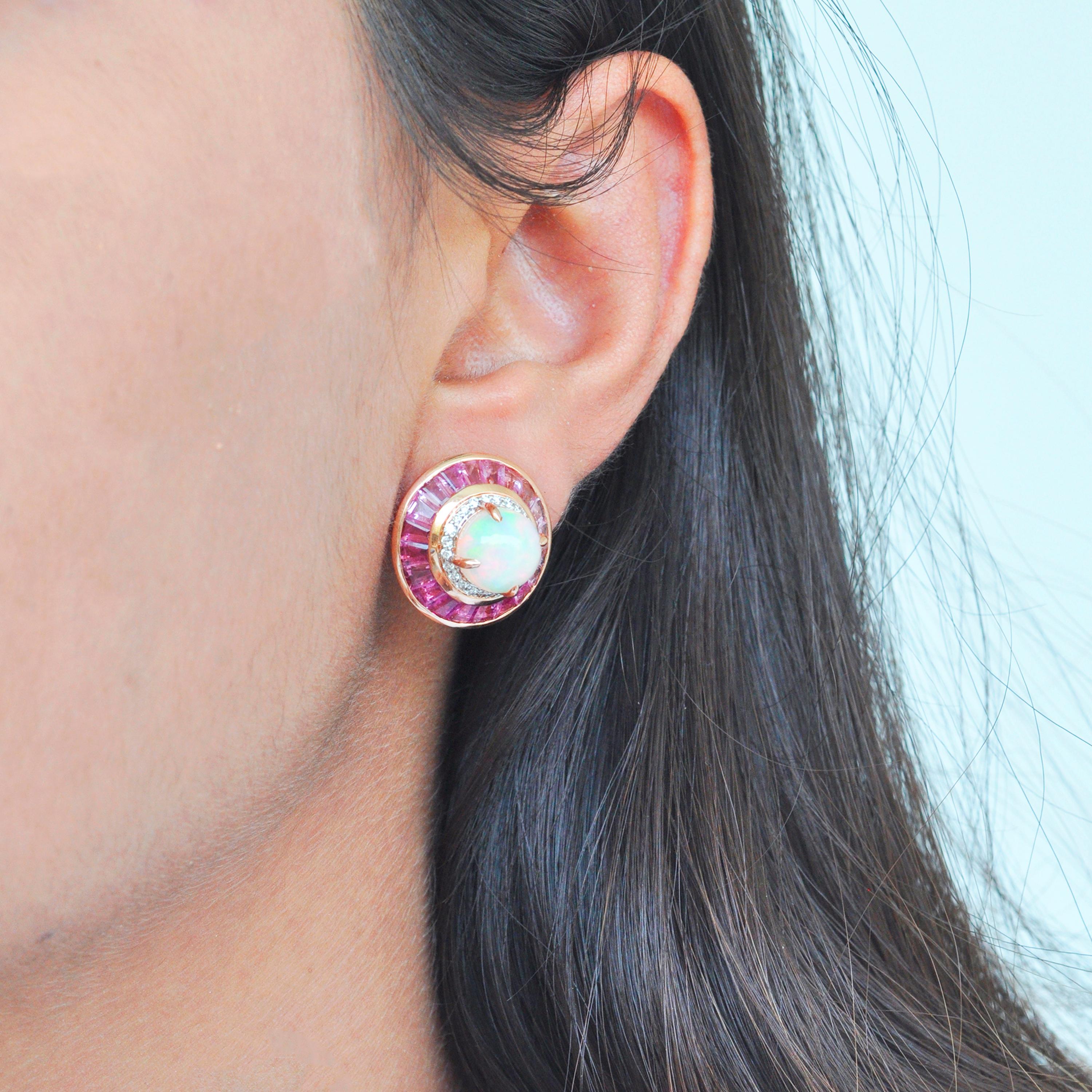 18 Karat Gold Pink Tourmaline Ethiopian Opal Diamond Circular Stud Earrings  For Sale 11
