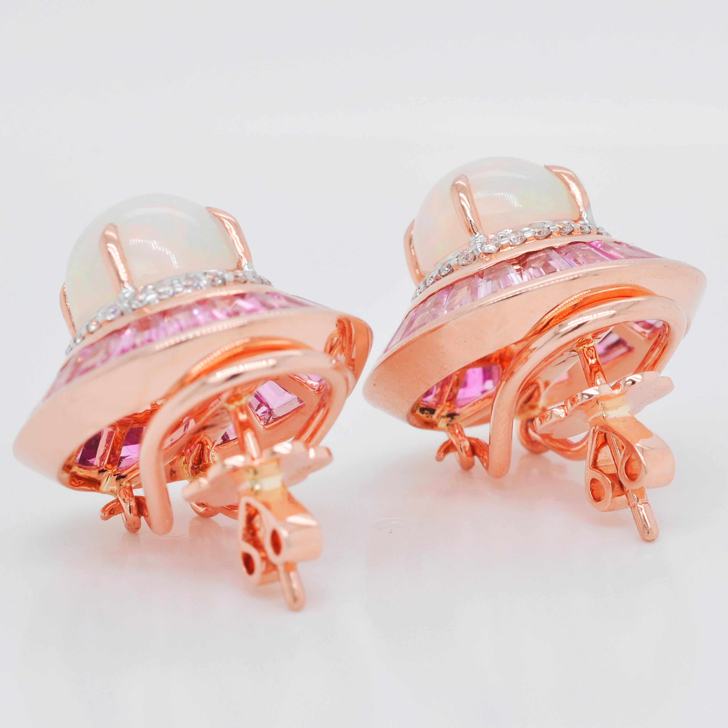 18 Karat Gold Pink Tourmaline Ethiopian Opal Diamond Circular Stud Earrings  For Sale 6