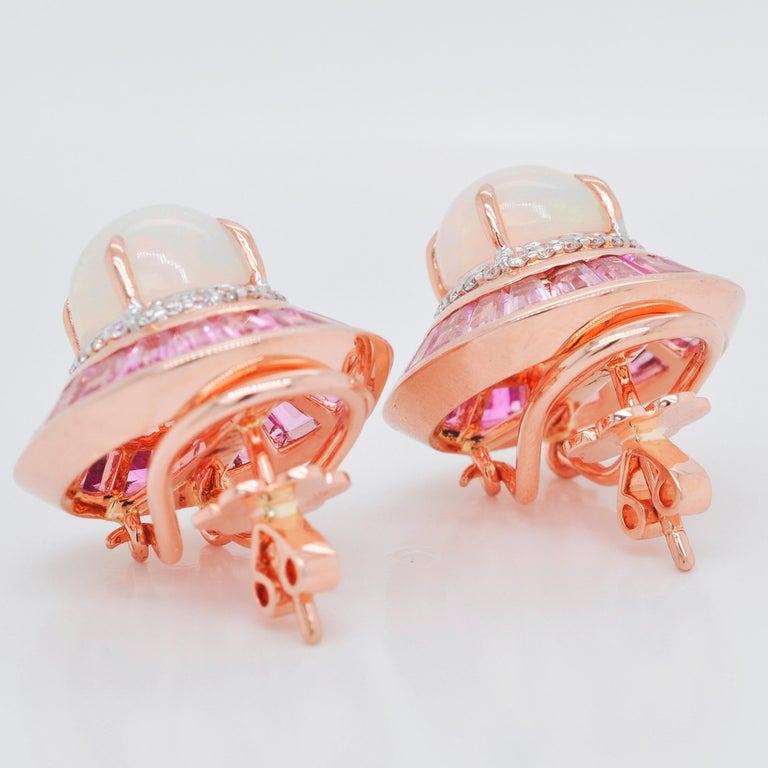 18 Karat Gold Pink Tourmaline Ethiopian Opal Diamond Circular Stud Earrings  For Sale 9