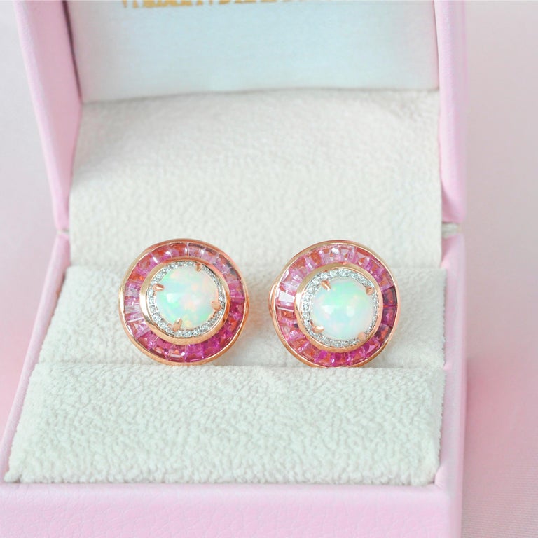 18 Karat Gold Pink Tourmaline Ethiopian Opal Diamond Circular Stud Earrings  For Sale 11