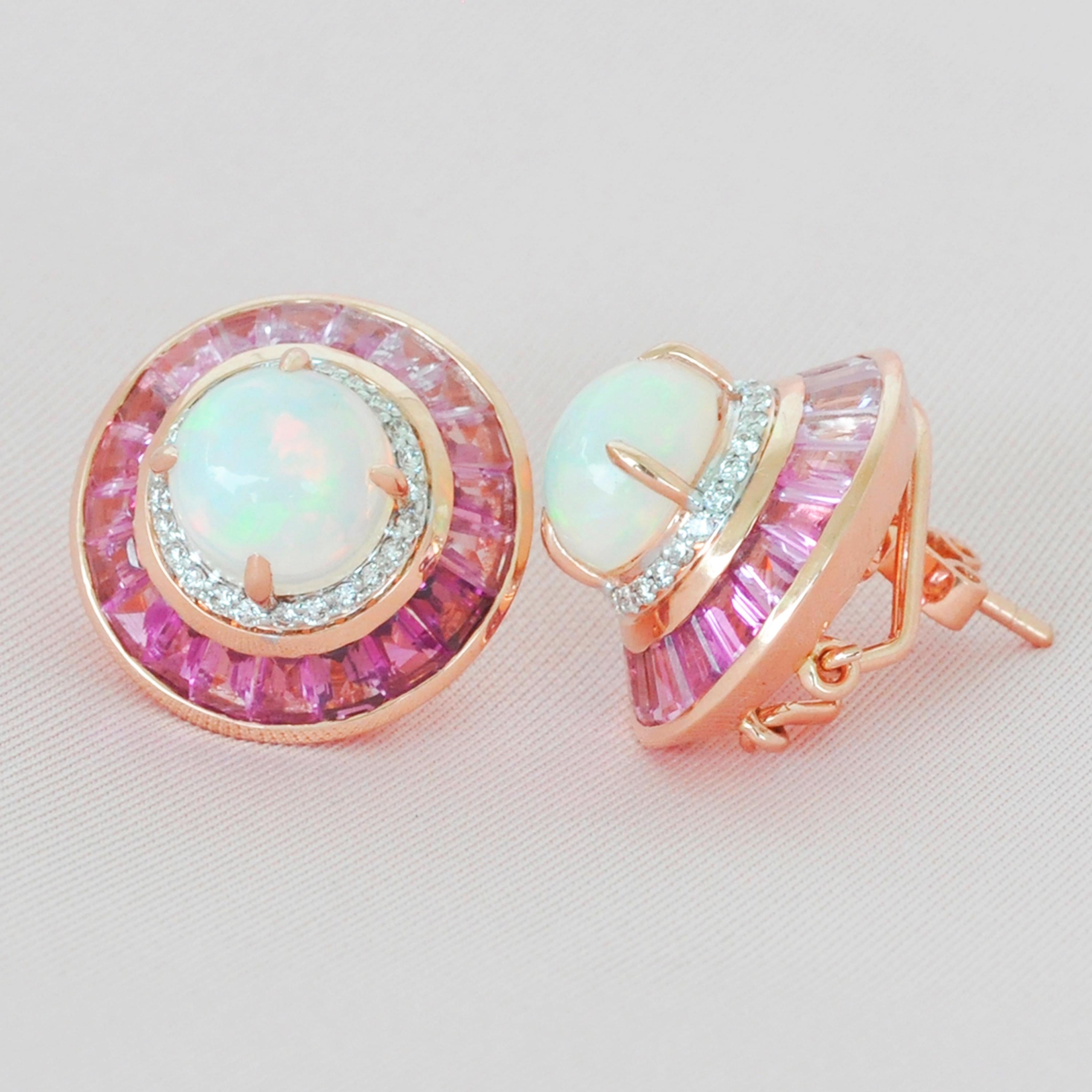 18 Karat Gold Pink Tourmaline Ethiopian Opal Diamond Circular Stud Earrings  In New Condition For Sale In Jaipur, Rajasthan
