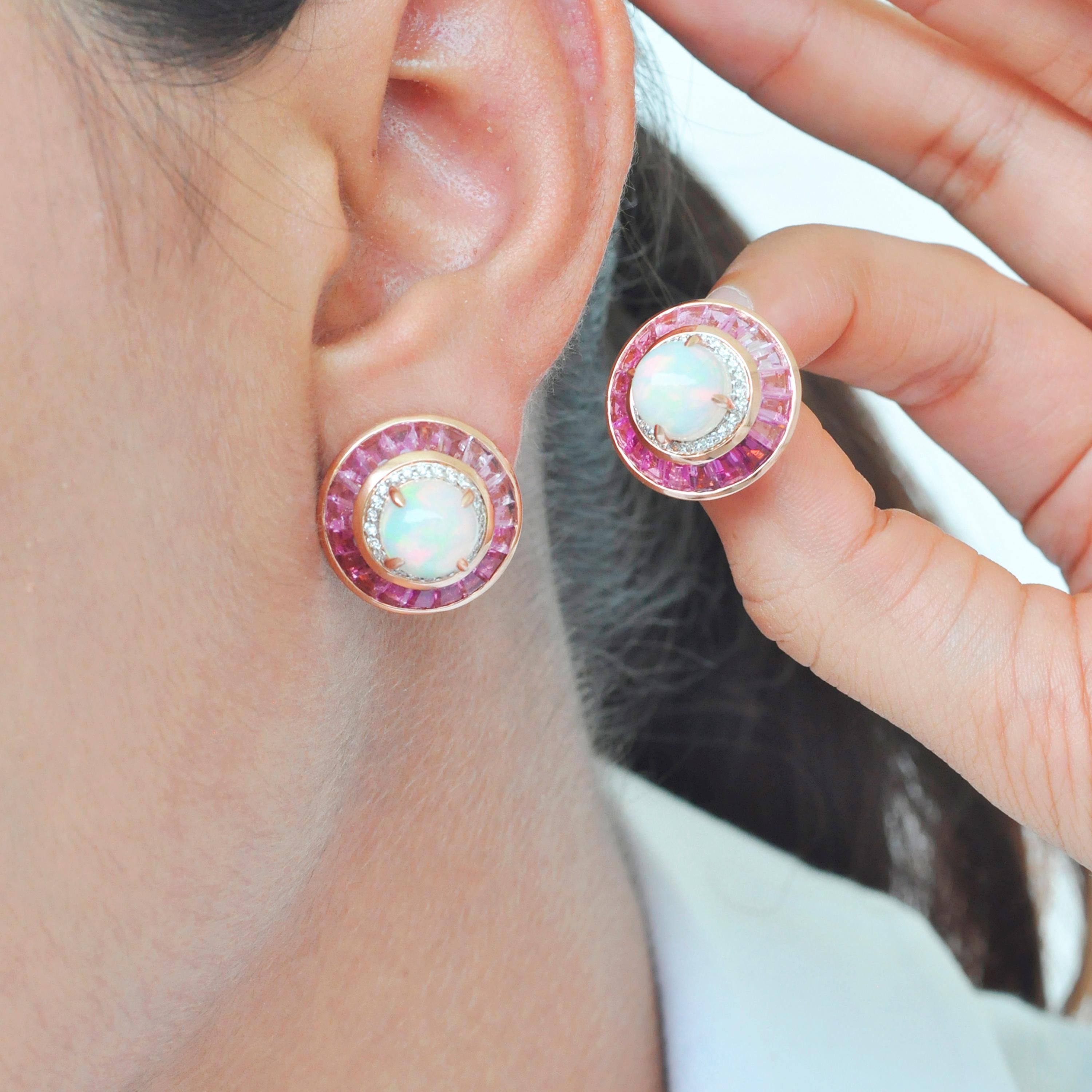 Baguette Cut 18 Karat Gold Pink Tourmaline Ethiopian Opal Diamond Circular Stud Earrings  For Sale