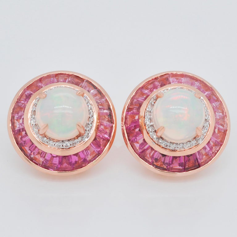 18 Karat Gold Pink Tourmaline Ethiopian Opal Diamond Circular Stud Earrings  For Sale 1