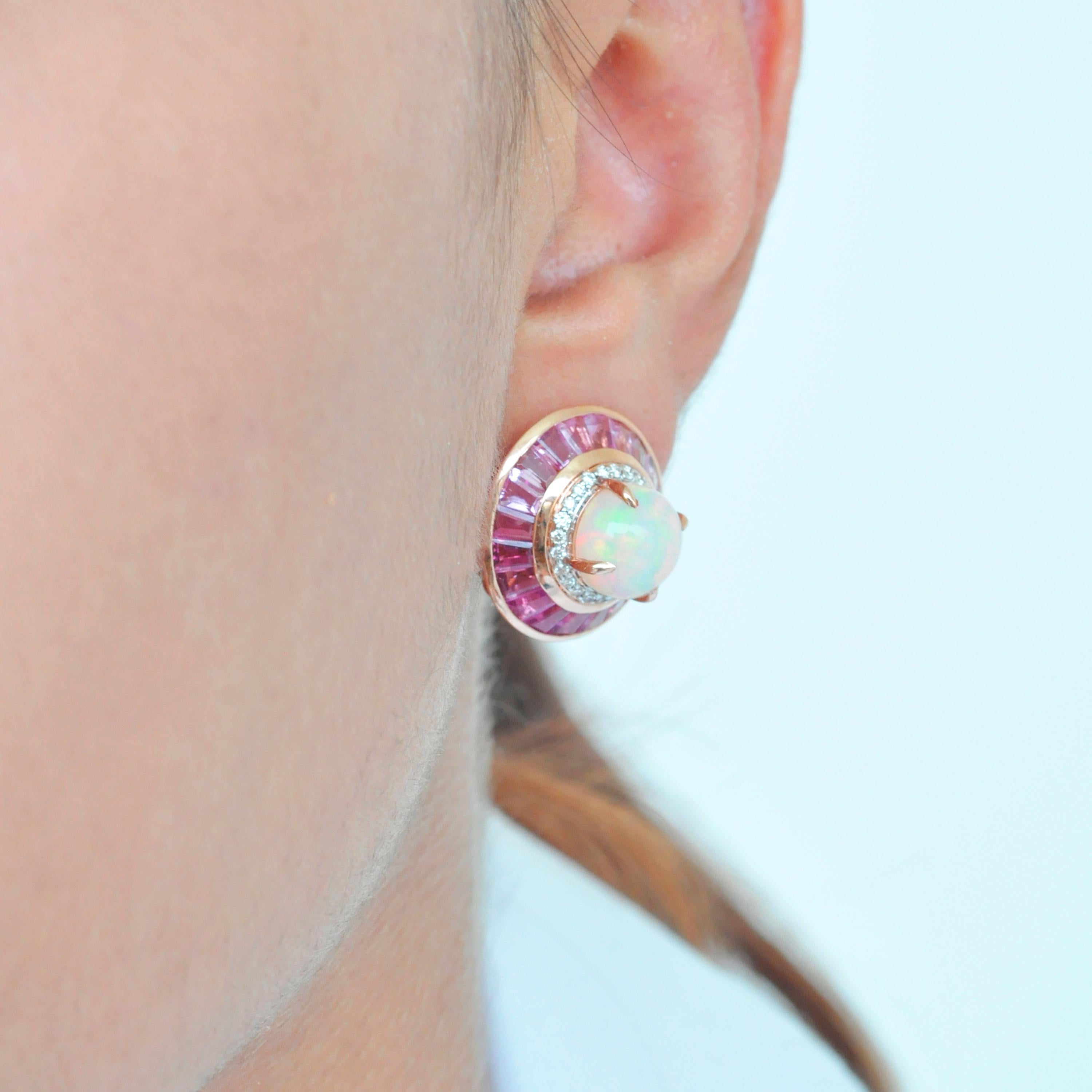 18 Karat Gold Pink Tourmaline Ethiopian Opal Diamond Circular Stud Earrings  For Sale 10