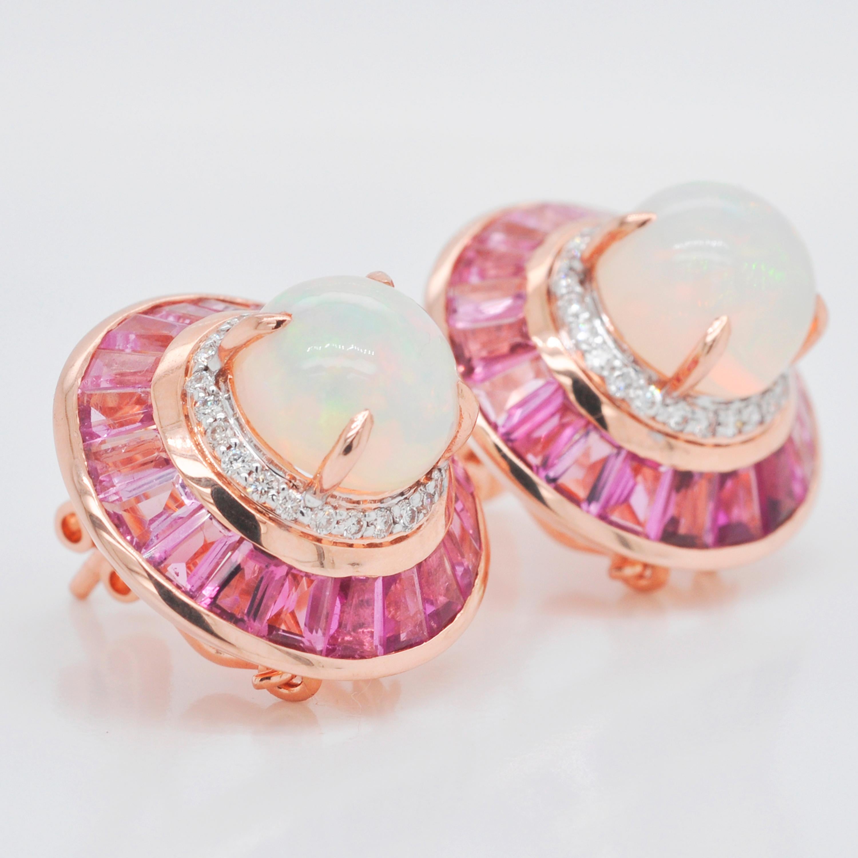 18 Karat Gold Pink Tourmaline Ethiopian Opal Diamond Circular Stud Earrings 1