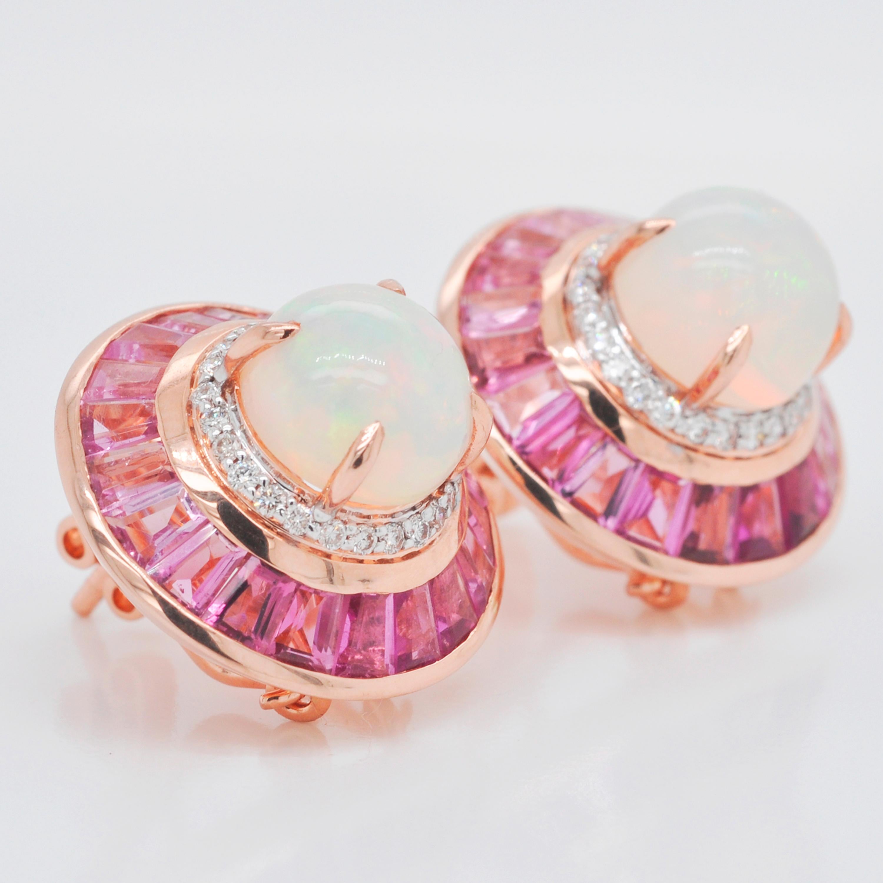 18 Karat Gold Pink Tourmaline Ethiopian Opal Diamond Circular Stud Earrings  For Sale 1