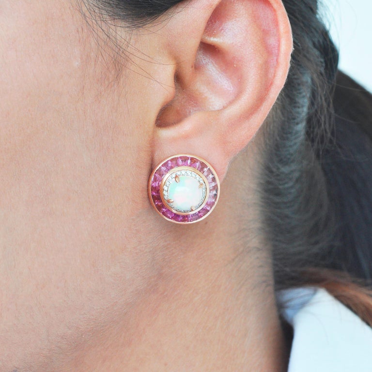 18 Karat Gold Pink Tourmaline Ethiopian Opal Diamond Circular Stud Earrings  For Sale 13