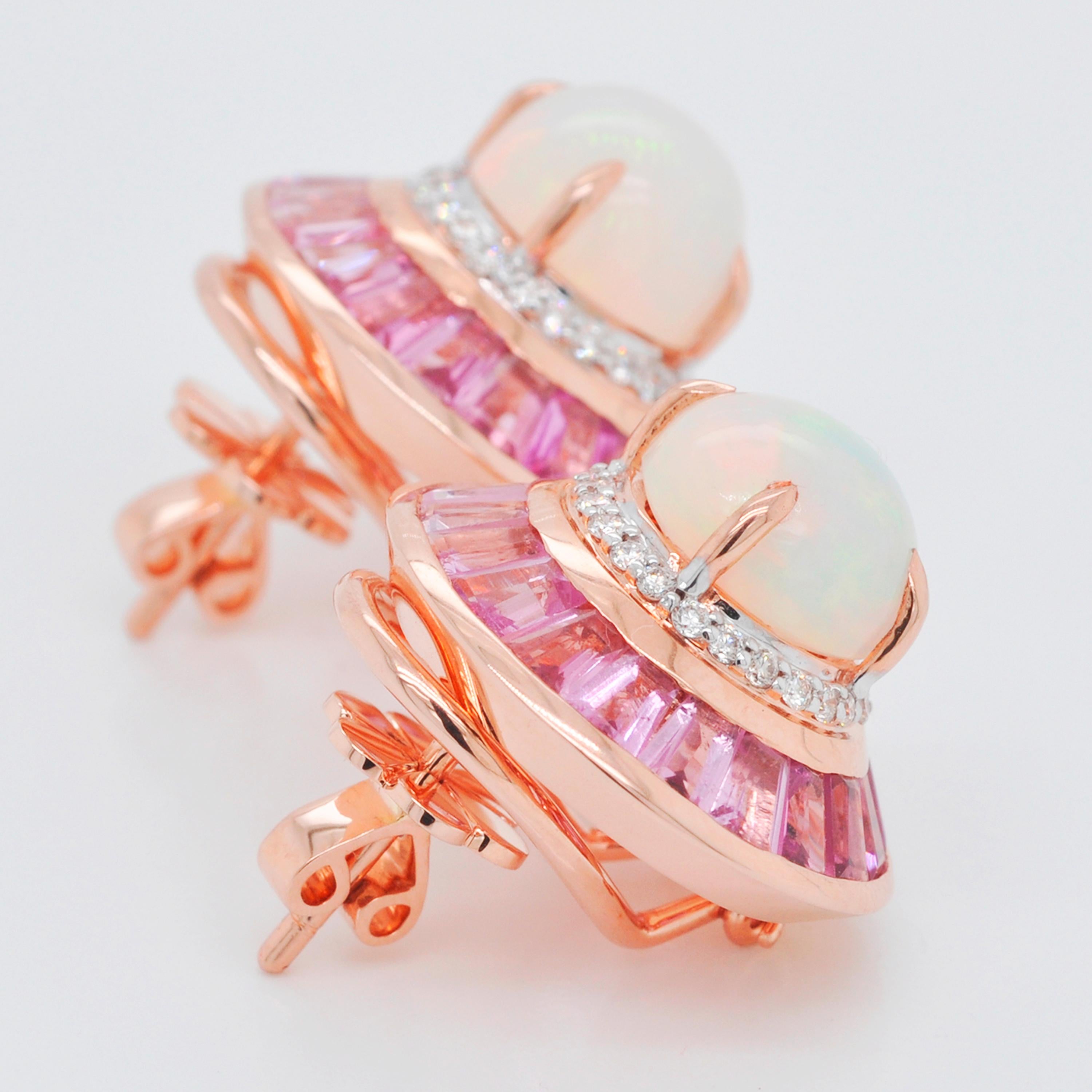 18 Karat Gold Pink Tourmaline Ethiopian Opal Diamond Circular Stud Earrings  For Sale 2