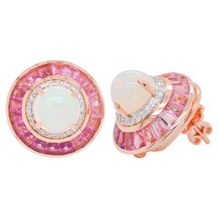 18 Karat Gold Pink Tourmaline Ethiopian Opal Diamond Circular Stud Earrings 