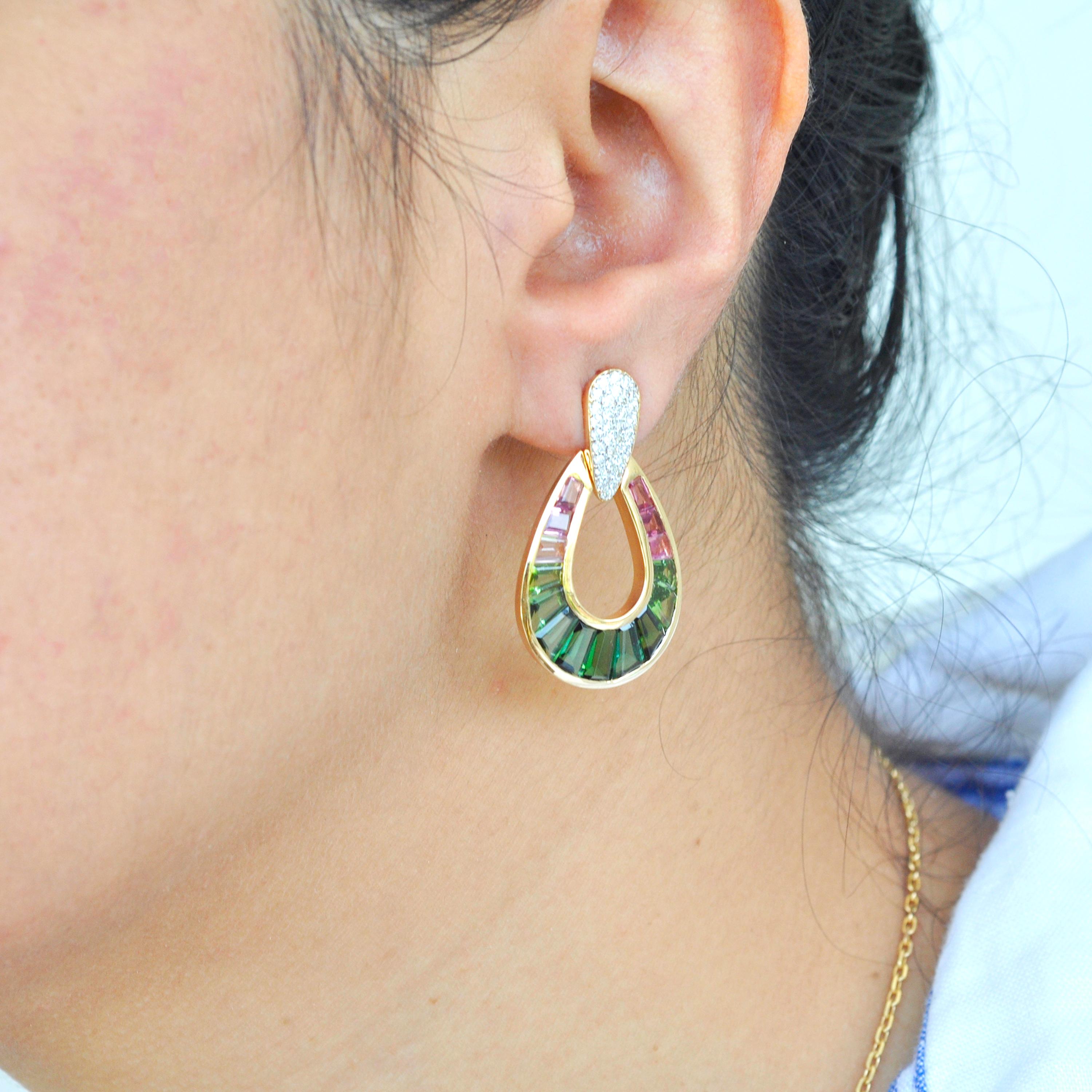 Tapered Baguette 18 Karat Gold Pink Tourmaline Green Tourmaline Diamond Dangle Drop Earrings