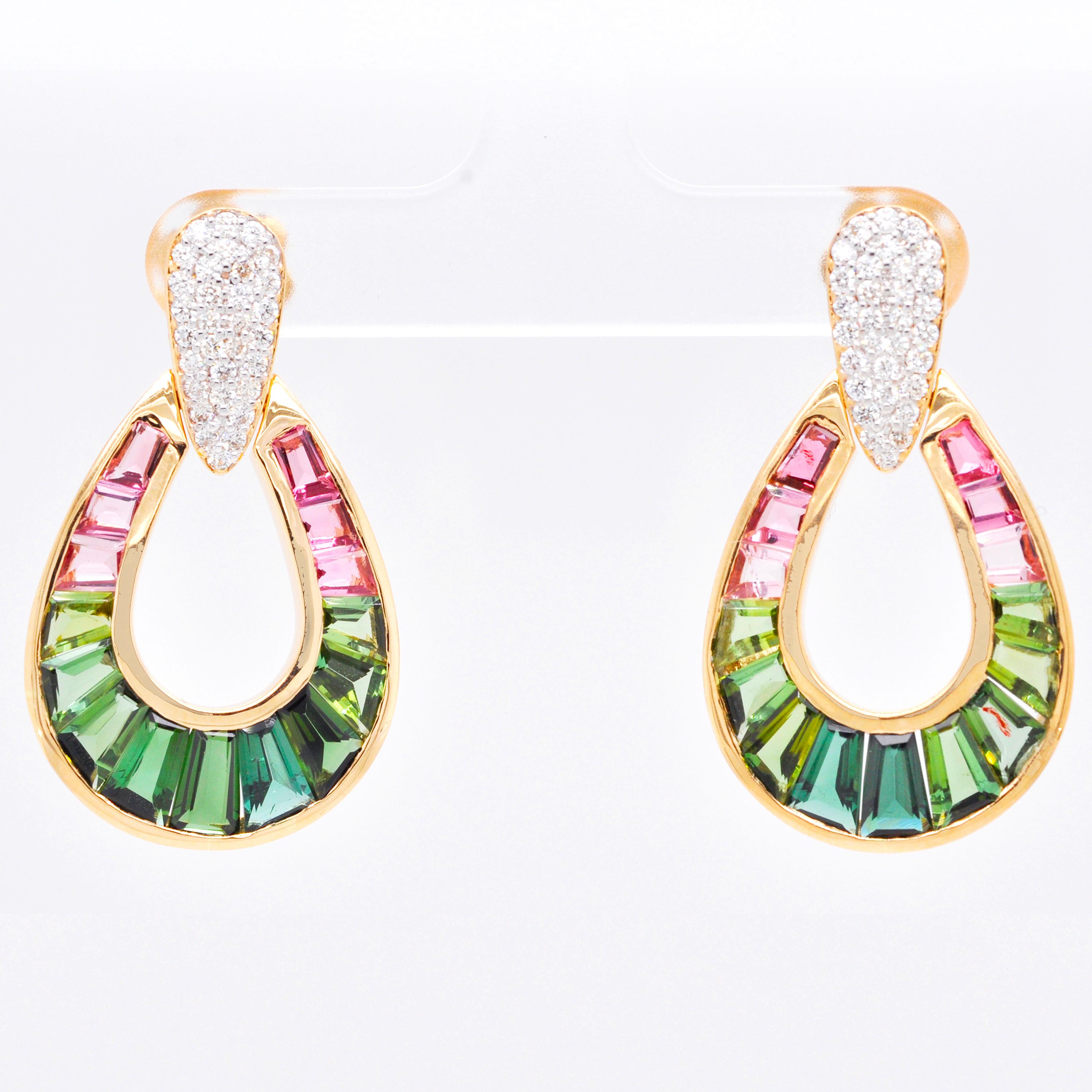 Women's 18 Karat Gold Pink Tourmaline Green Tourmaline Diamond Dangle Drop Earrings