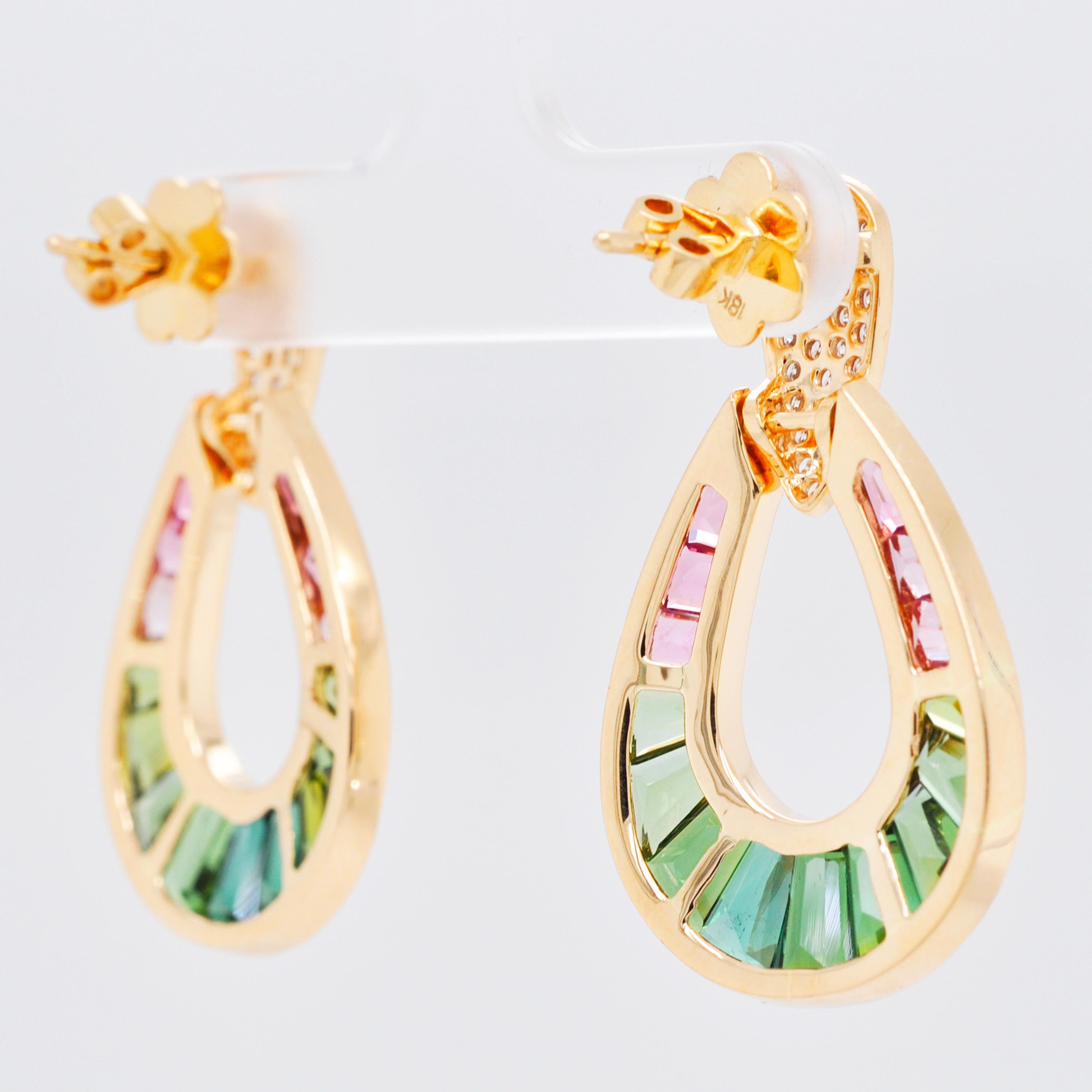 18 Karat Gold Pink Tourmaline Green Tourmaline Diamond Dangle Drop Earrings 2
