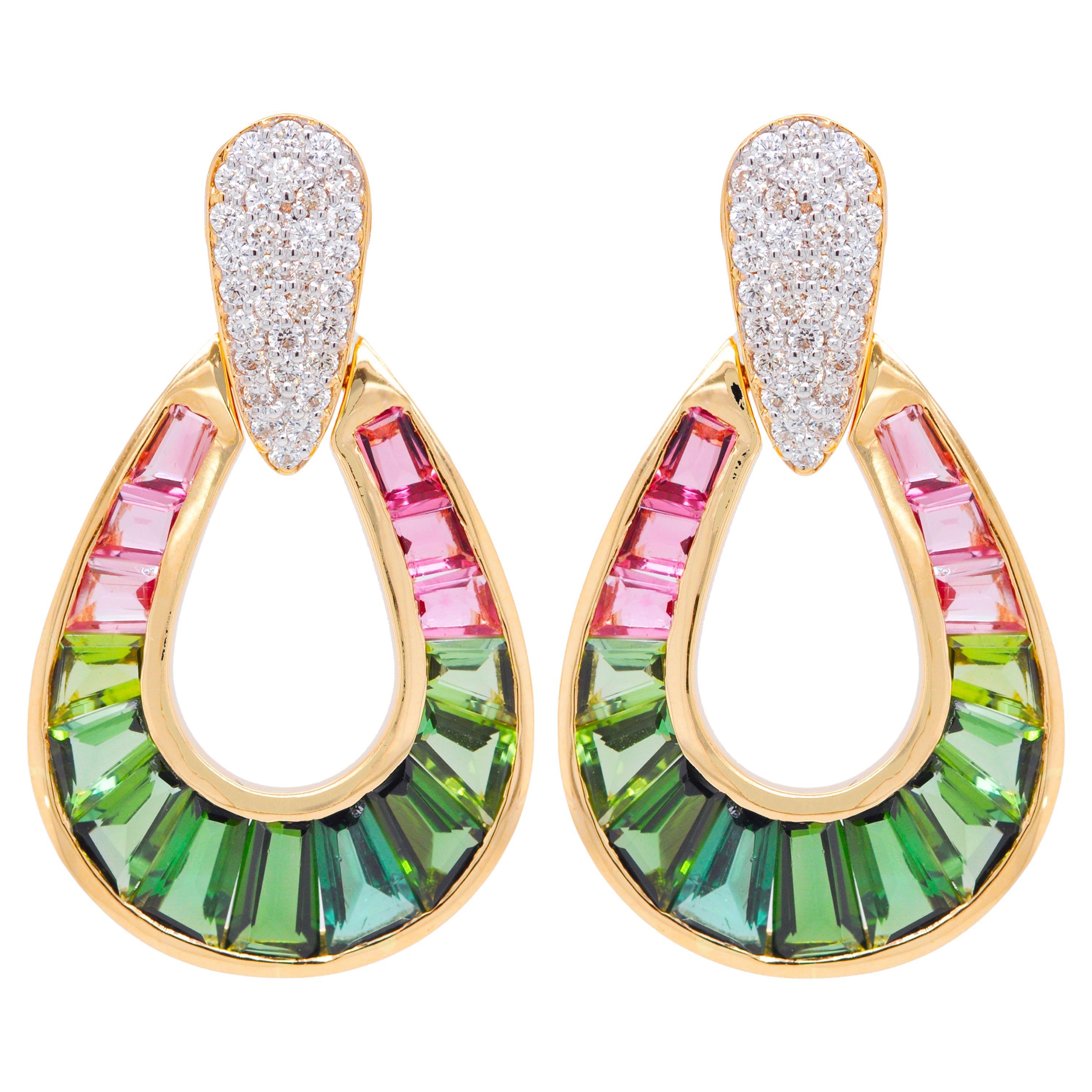 18 Karat Gold Pink Tourmaline Green Tourmaline Diamond Dangle Drop Earrings