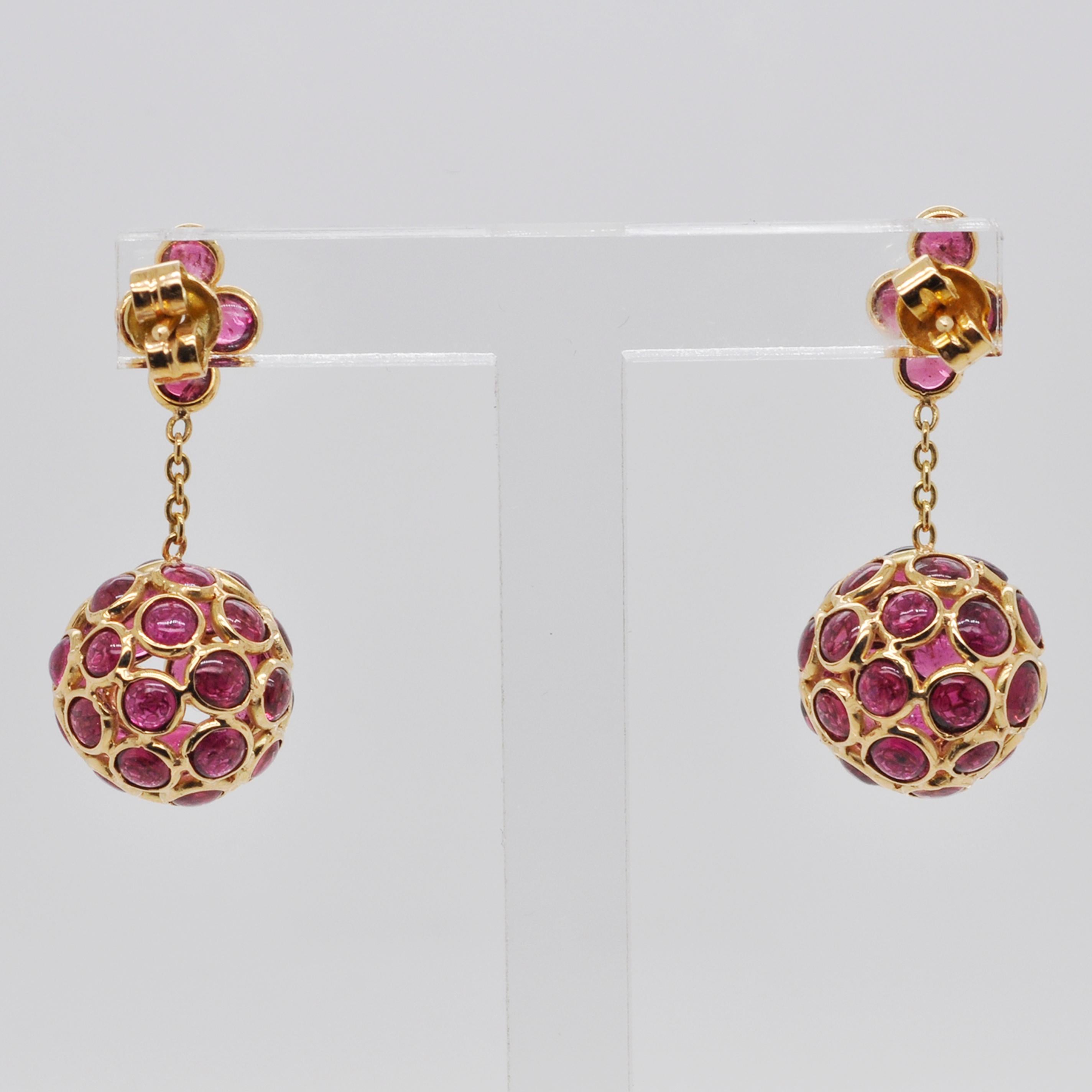 Round Cut 18 Karat Gold Pink Tourmaline Round Dangling Ball Earrings For Sale