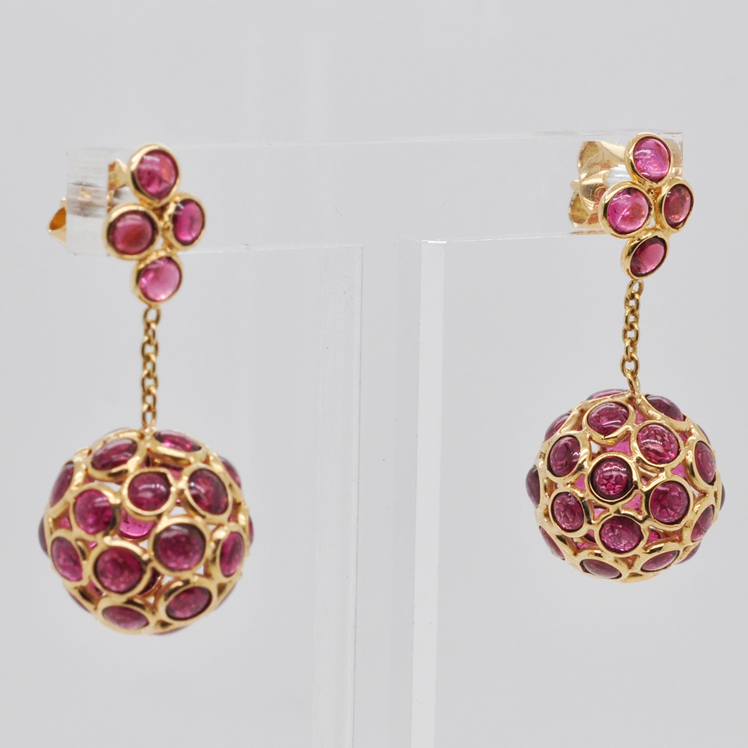 18 Karat Gold Pink Tourmaline Round Dangling Ball Earrings For Sale 1