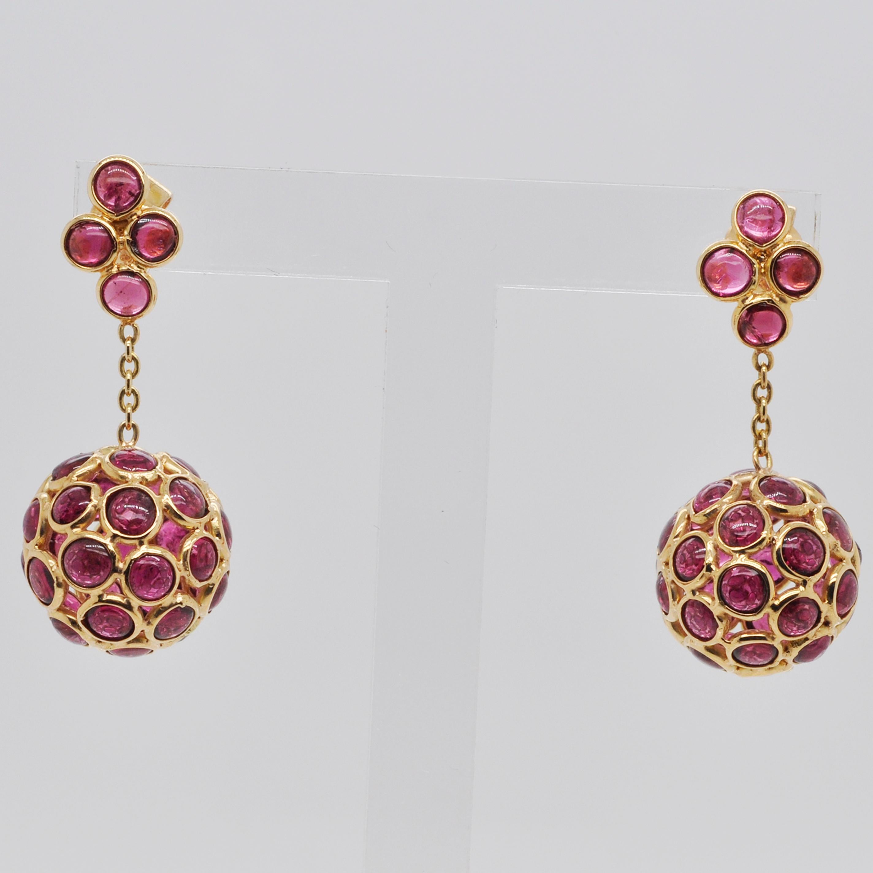 18 Karat Gold Pink Tourmaline Round Dangling Ball Earrings For Sale 2