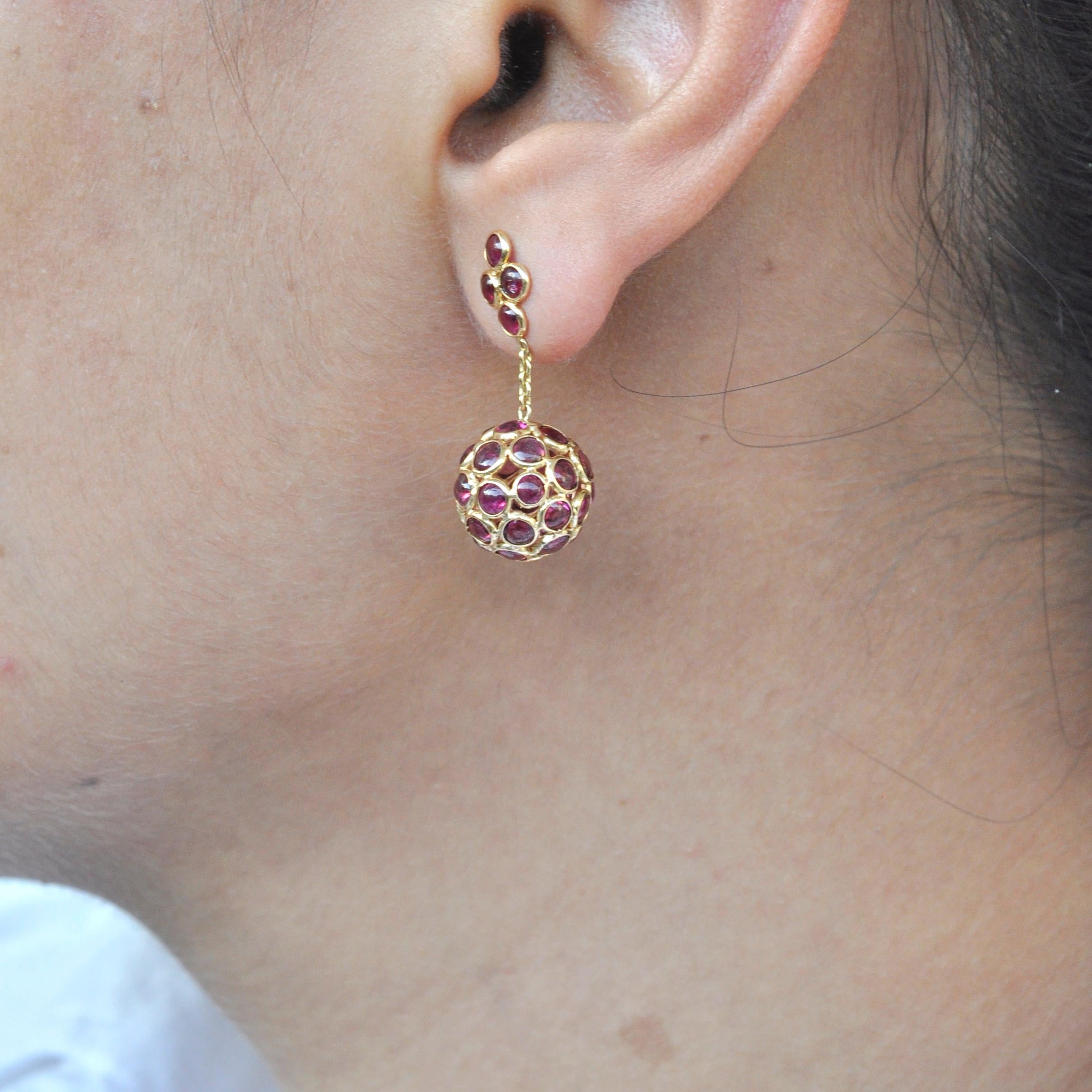 Modern 18 Karat Gold Pink Tourmaline Round Dangling Ball Earrings For Sale