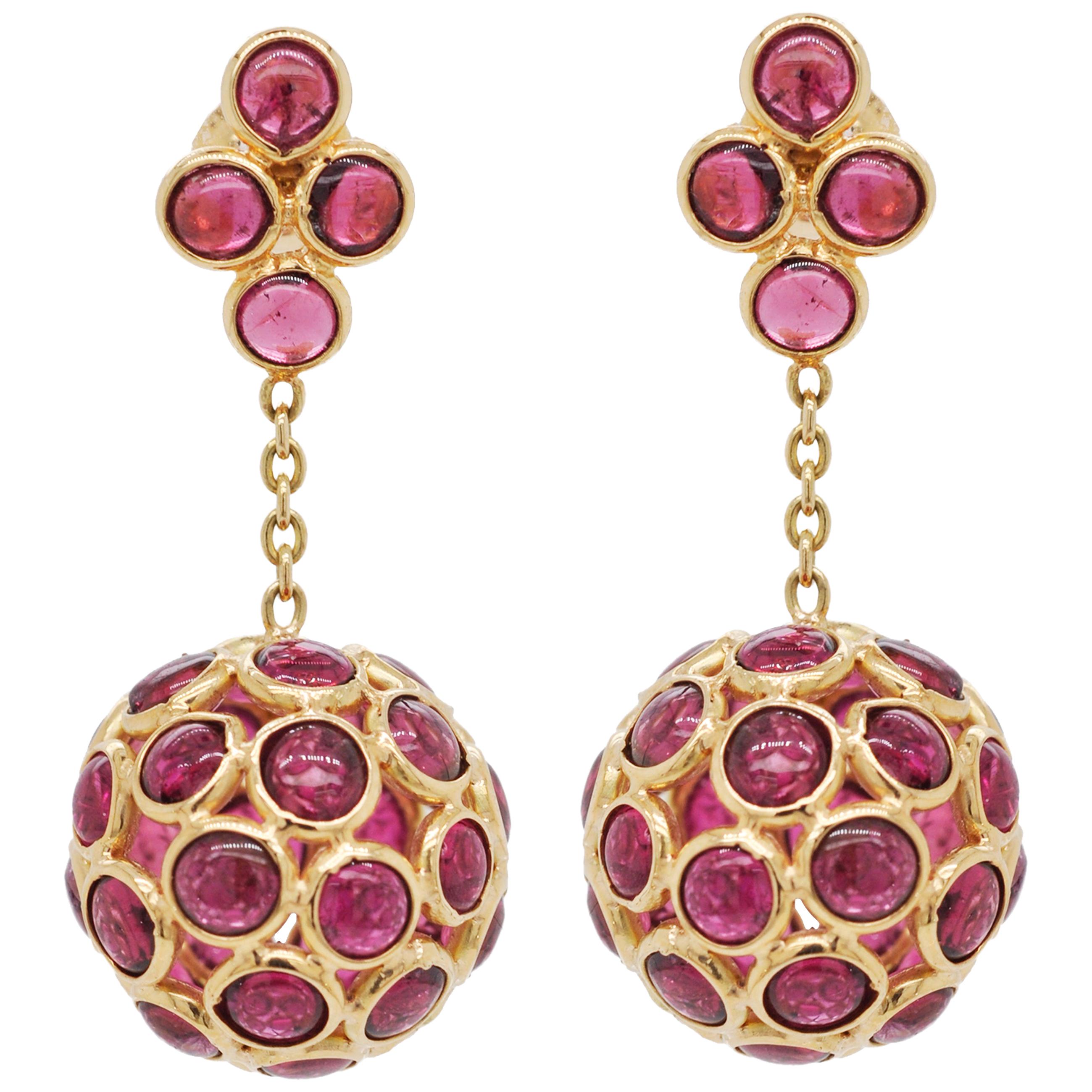18 Karat Gold Pink Tourmaline Round Dangling Ball Earrings