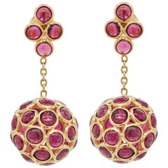 Boucles d'oreilles pendantes rondes en or 18 carats avec tourmaline rose