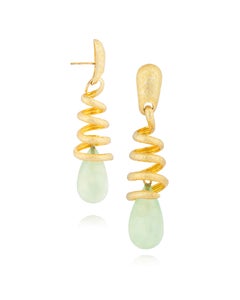 18 Karat Gold-Plated Snake Earrings with Aqua Green Prehnite Cabochon Drops