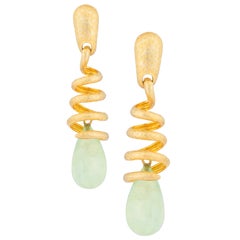 18 Karat Gold-Plated Snake Earrings with Aqua Green Prehnite Cabochon Drops