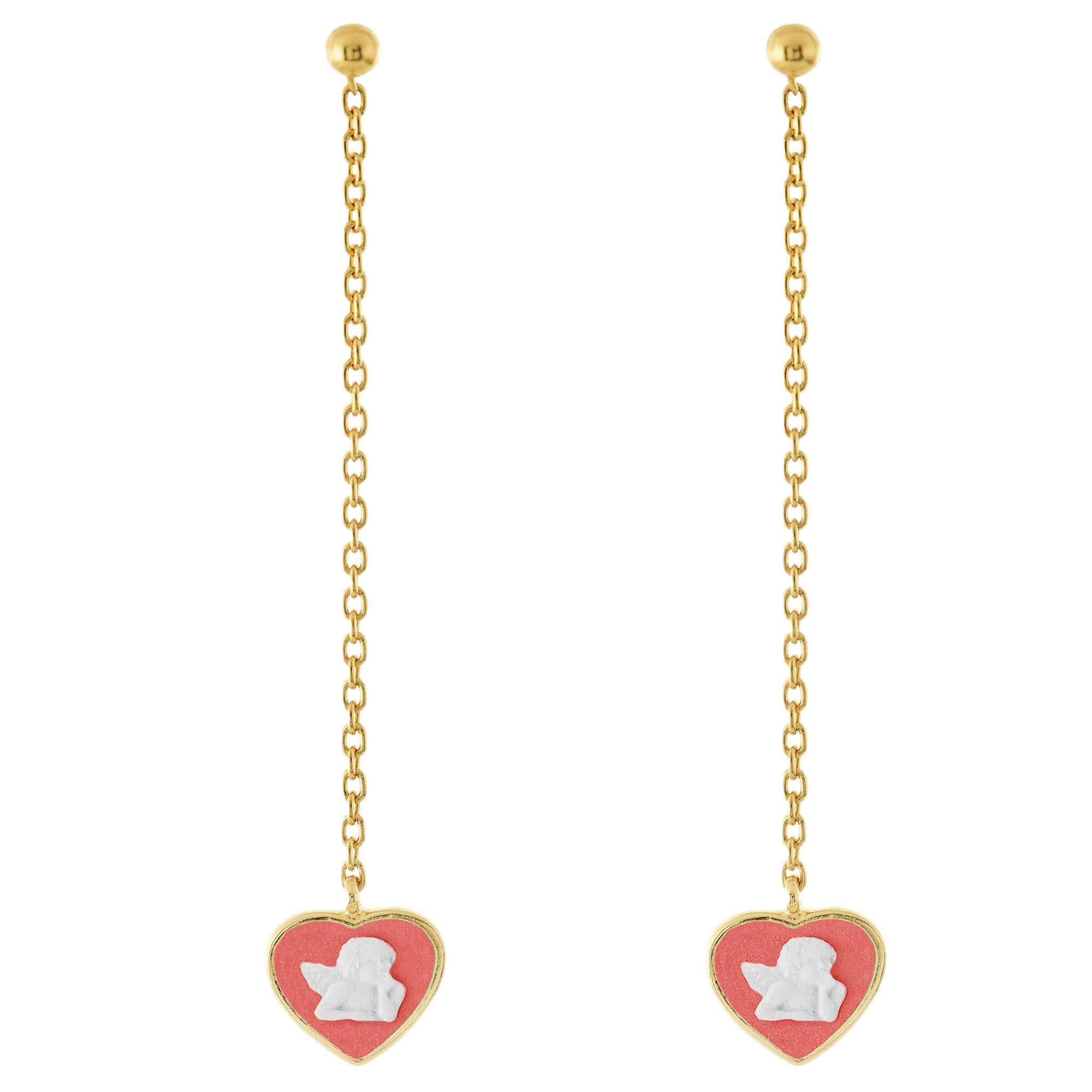 18 Karat Gold-Plated Sterling Silver Cameo Chain Earrings For Sale