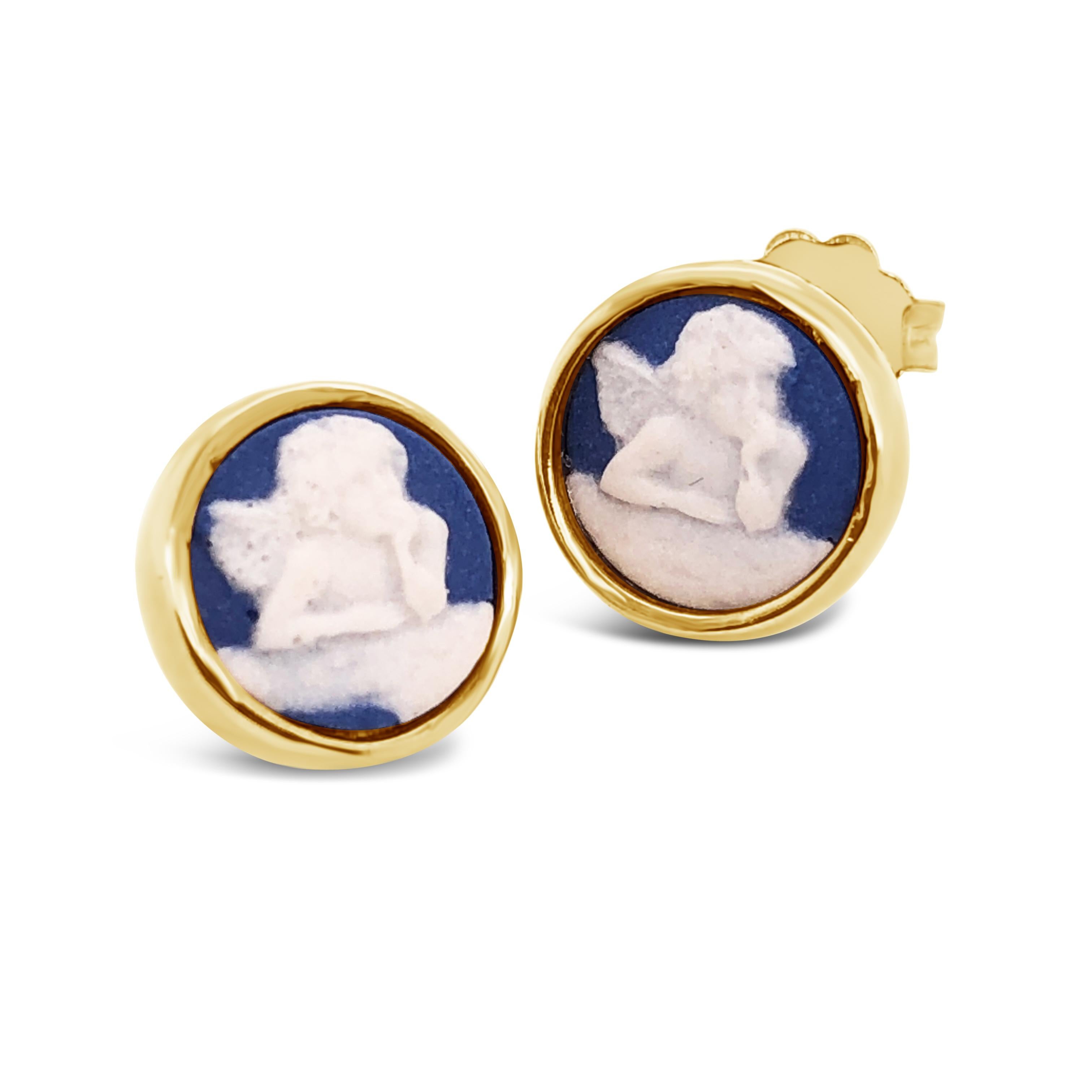 Beautifully hand crafted porcelain cameo earrings mounted in 18k gold plated sterling silver. With a sweet look these stud earrings depict two little cherubs, one of the most classic subject of cameo making. In times past, cameos were mainly made of