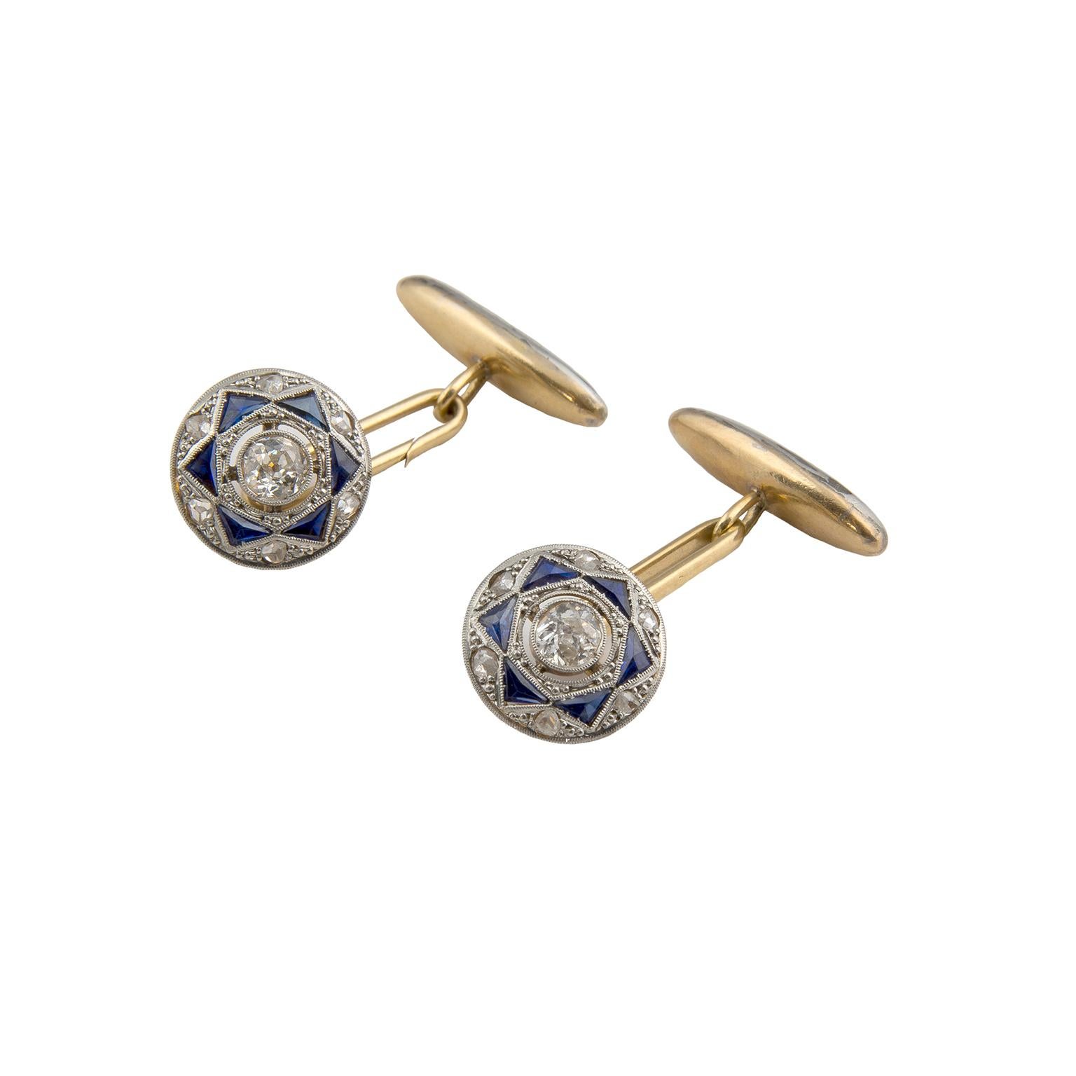 Art Deco 18 Karat Gold Platinum Blue Stones Diamonds Cufflinks For Sale