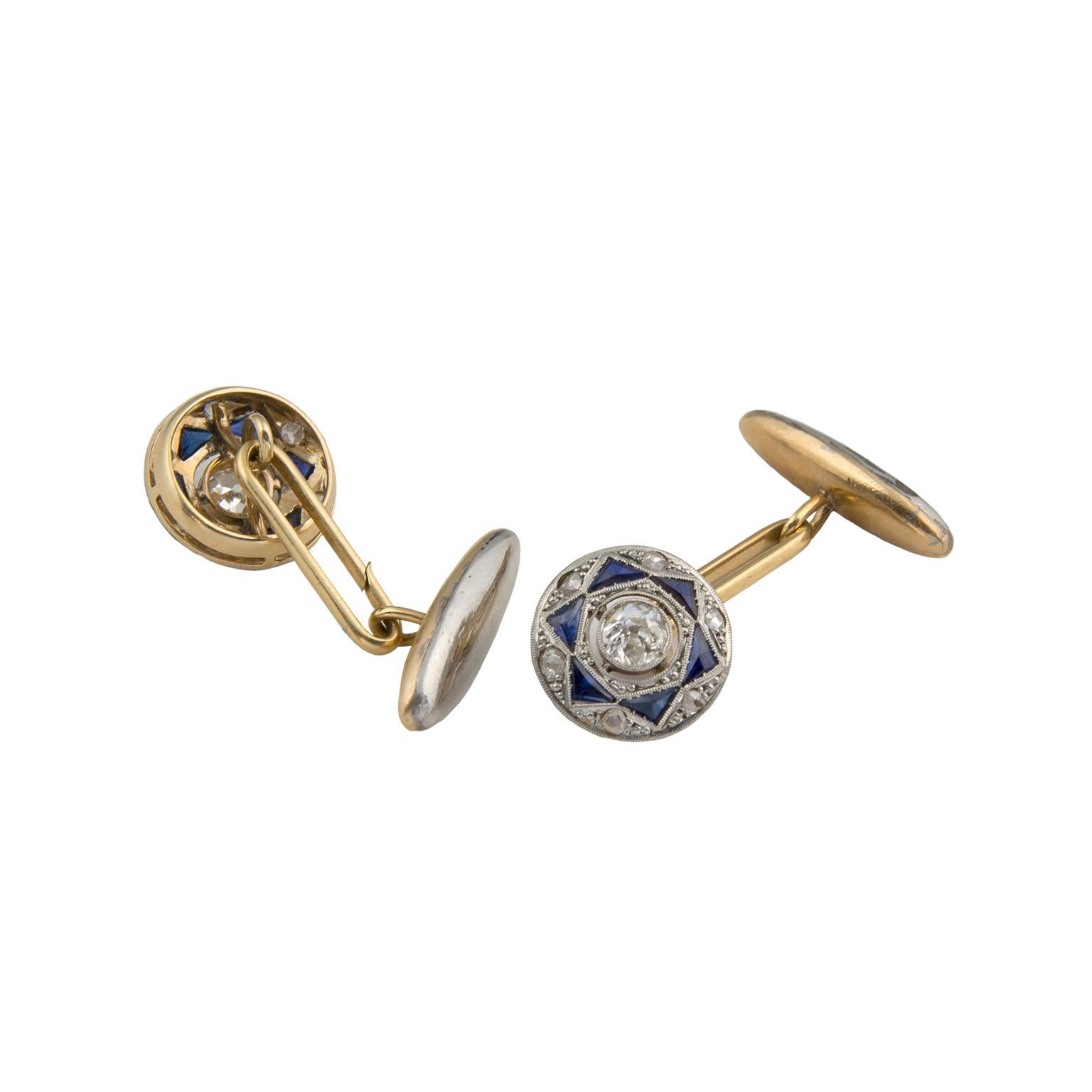 Old European Cut 18 Karat Gold Platinum Blue Stones Diamonds Cufflinks For Sale