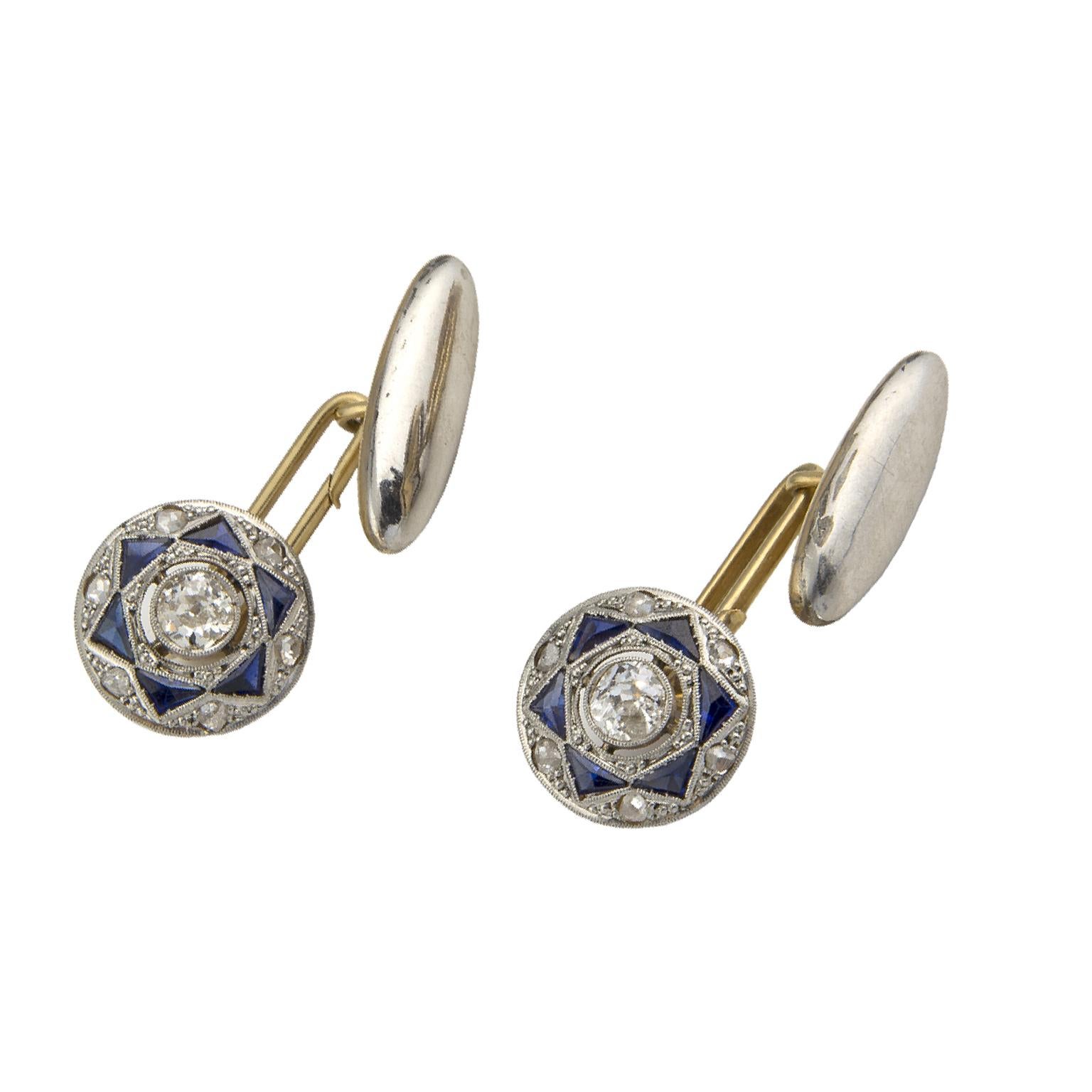 18 Karat Gold Platinum Blue Stones Diamonds Cufflinks In Good Condition For Sale In Madrid, ES