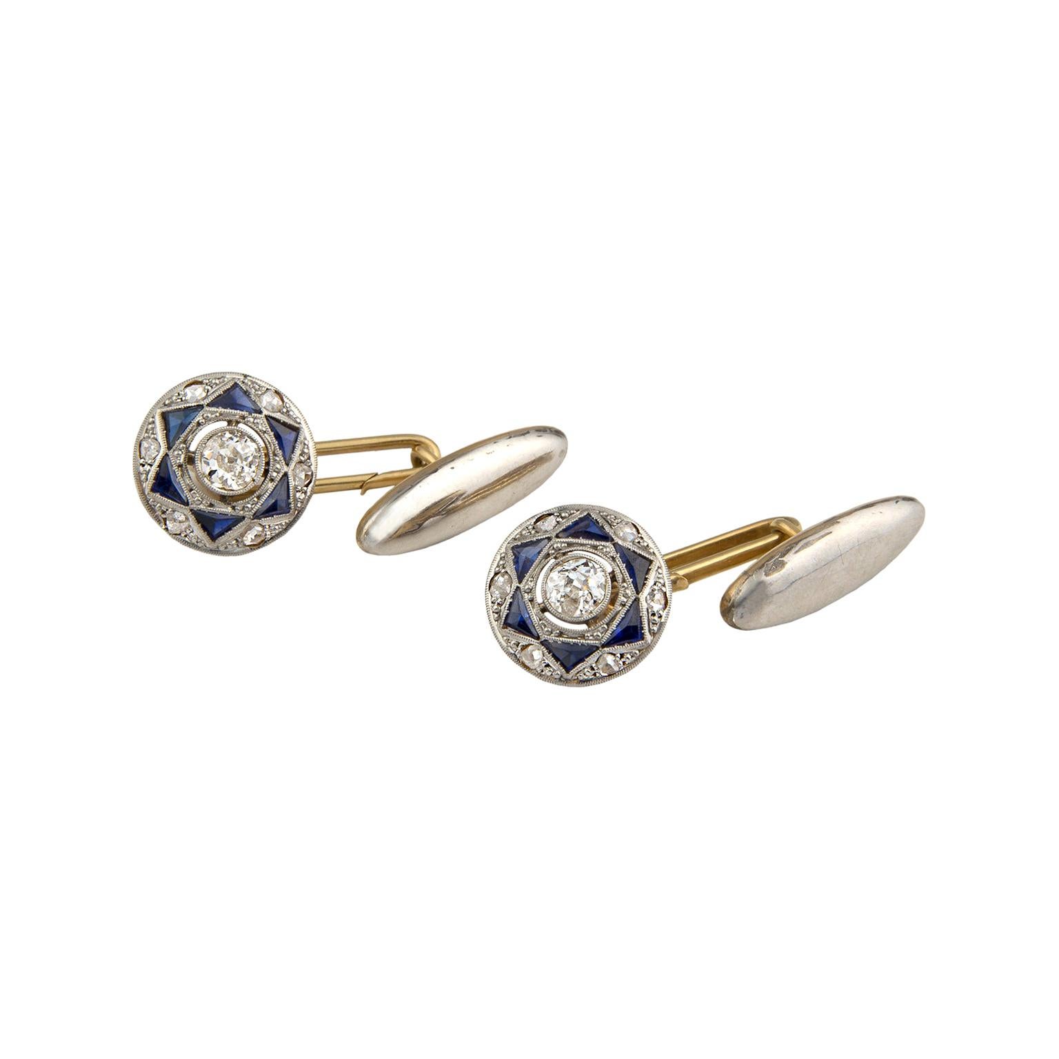 18 Karat Gold Platinum Blue Stones Diamonds Cufflinks For Sale