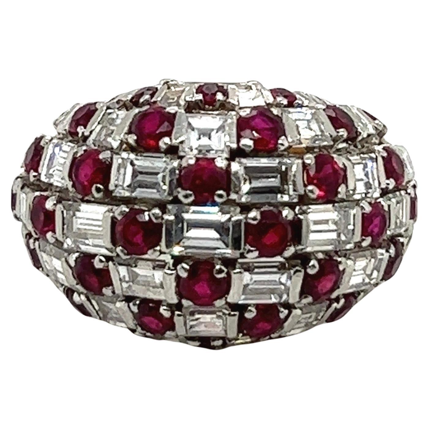 18 Karat Gold Platinum Diamond Ruby Cocktail Ring For Sale