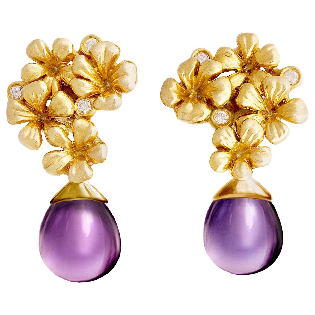 Fourteen Karat Gold Plum Flowers Clip-on Earrings with Diamonds and Amethyst For Sale