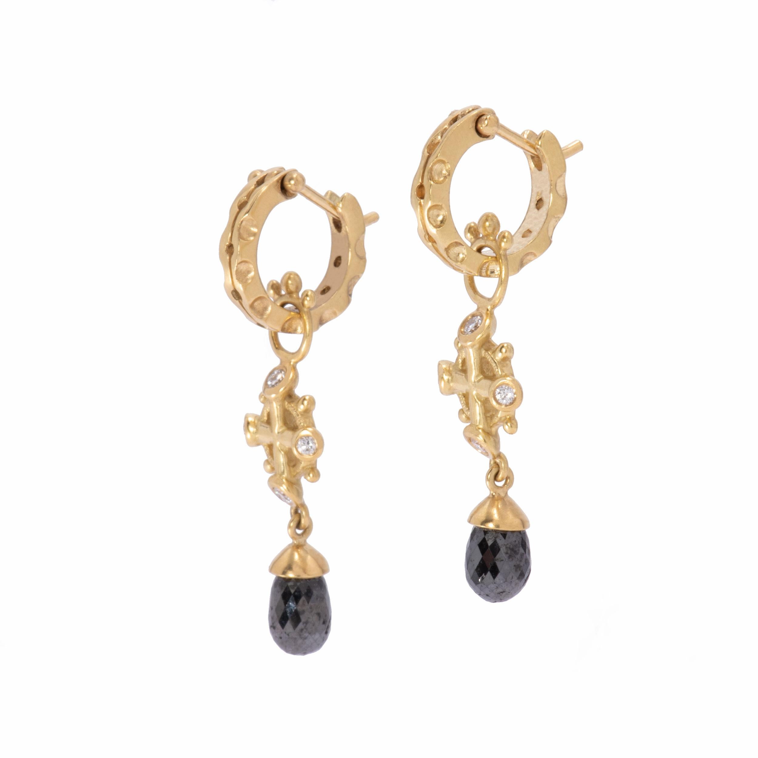 18 Karat Gold Poseidon Crown Drop Earrings are set with 4 white diamonds .20ctw at the cardinal points in the frame of a sea captain's wheel. Suspended below each Poseidon Crown are faceted black diamond briolettes 4.11ctw, more than 2 carats each.