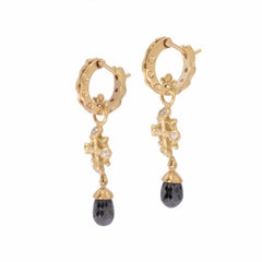 18 Karat Gold Poseidon Crown Drop Earrings with Black Diamond Briolettes