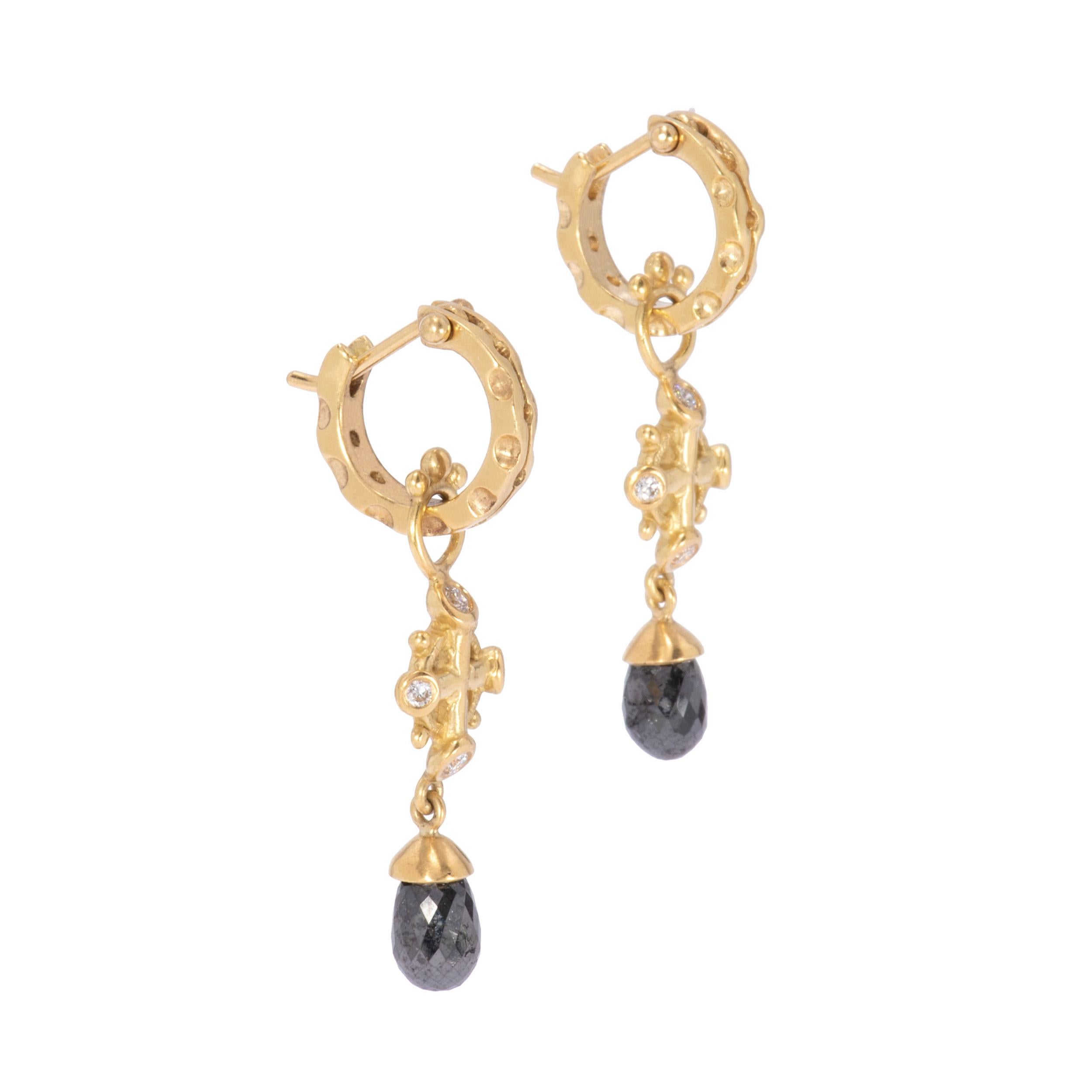 Contemporary 18 Karat Gold Poseidon Crown Drop Earrings with Black Diamond Briolettes For Sale