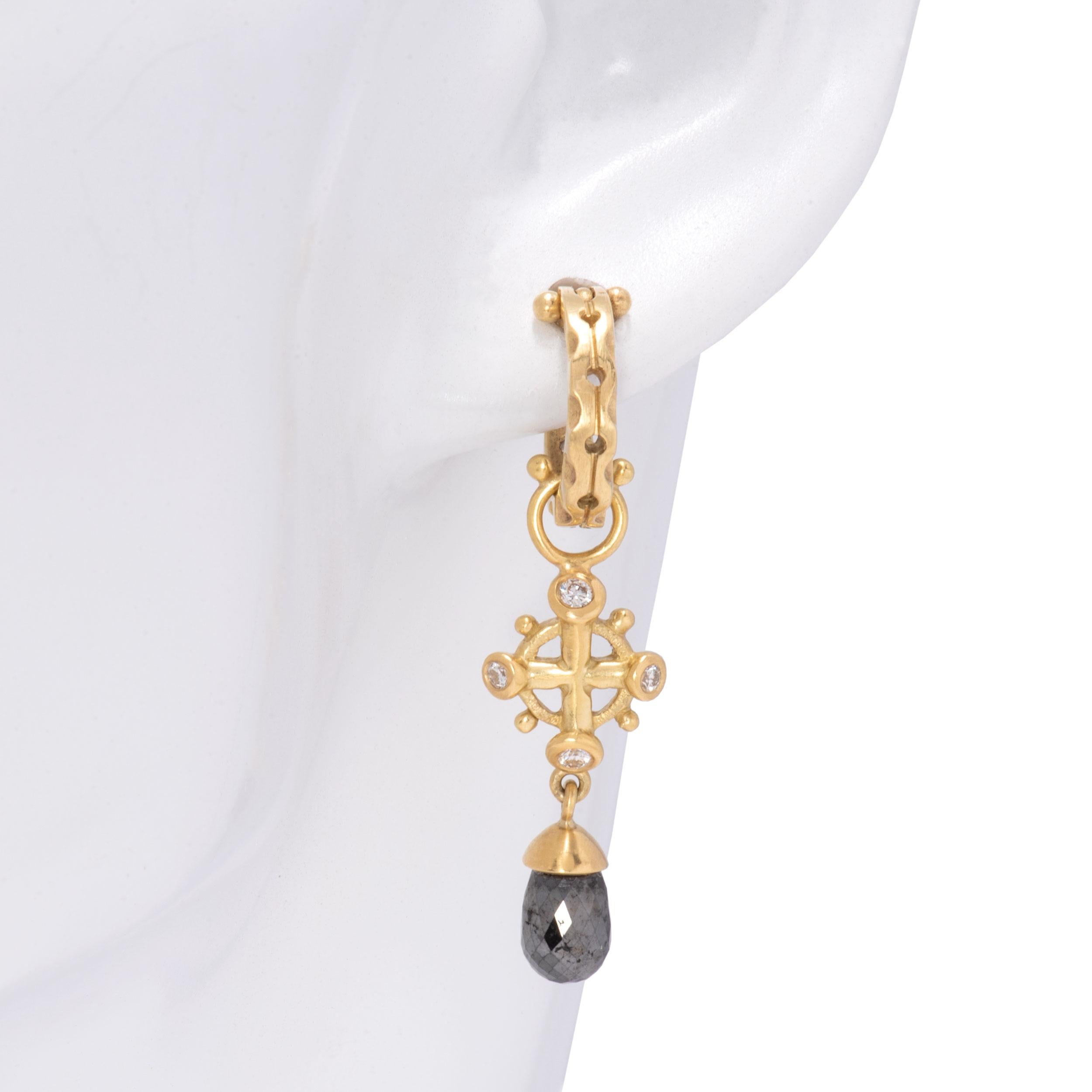 18 Karat Gold Poseidon Crown Drop Earrings with Black Diamond Briolettes In New Condition For Sale In Santa Fe, NM