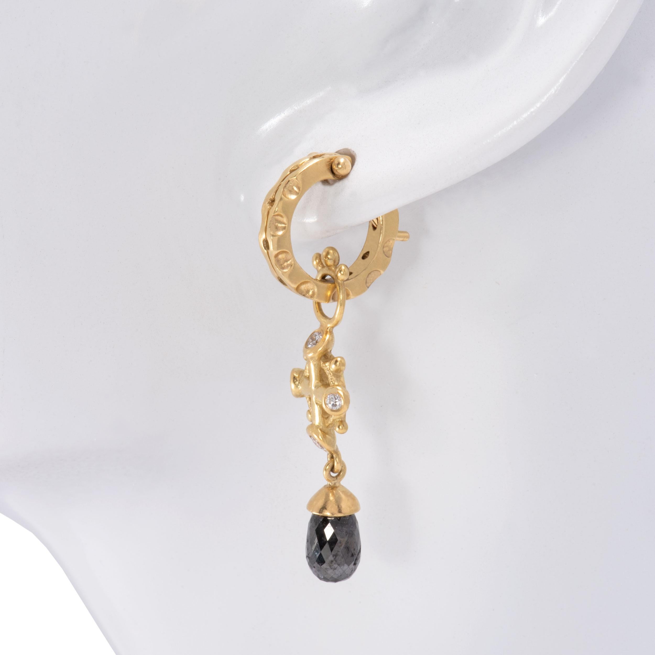 Women's or Men's 18 Karat Gold Poseidon Crown Drop Earrings with Black Diamond Briolettes For Sale