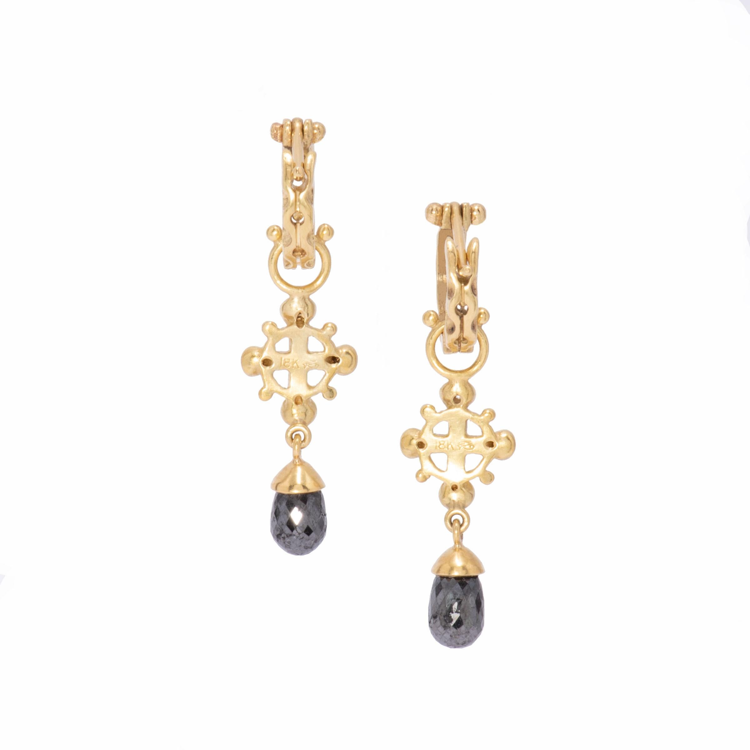 18 Karat Gold Poseidon Crown Drop Earrings with Black Diamond Briolettes For Sale 1