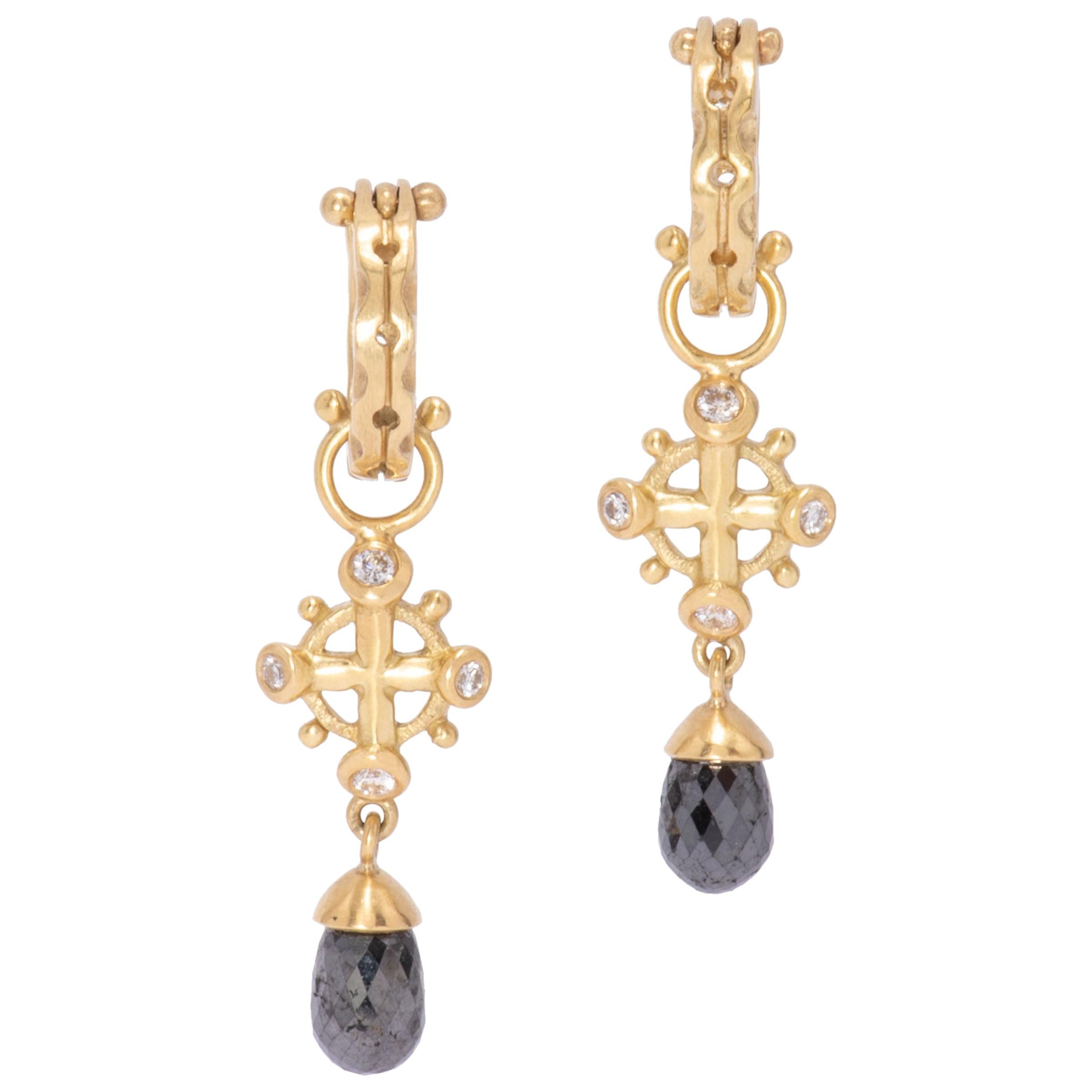 18 Karat Gold Poseidon Crown Drop Earrings with Black Diamond Briolettes For Sale