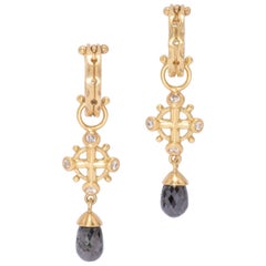 18 Karat Gold Poseidon Crown Drop Earrings with Black Diamond Briolettes