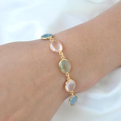 18 Karat Gold Prehnite Rose Quartz Aquamarine Oval Cabochon Bracelet