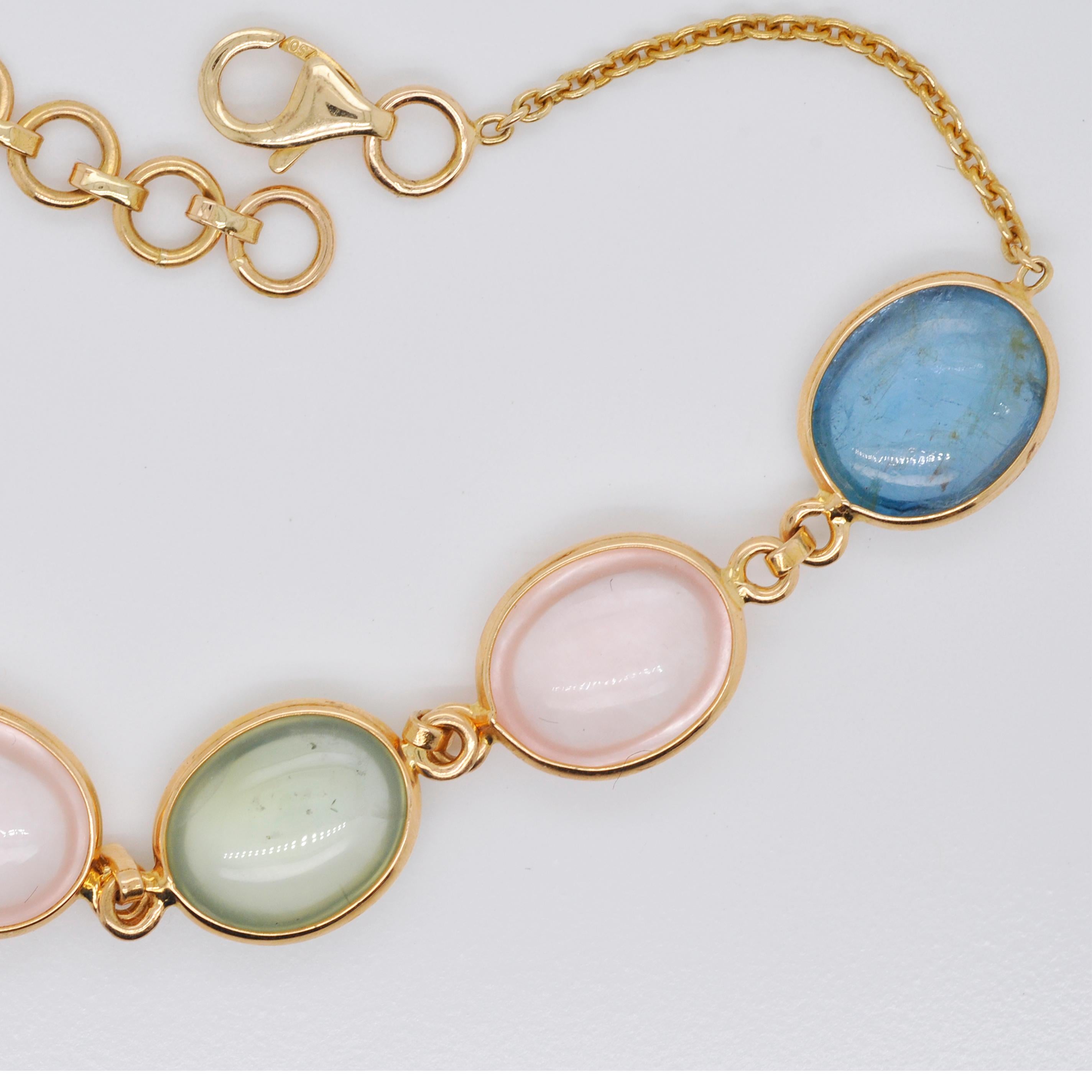 Oval Cut 18 Karat Gold Prehnite Rose Quartz Aquamarine Oval Cabochon Bracelet For Sale