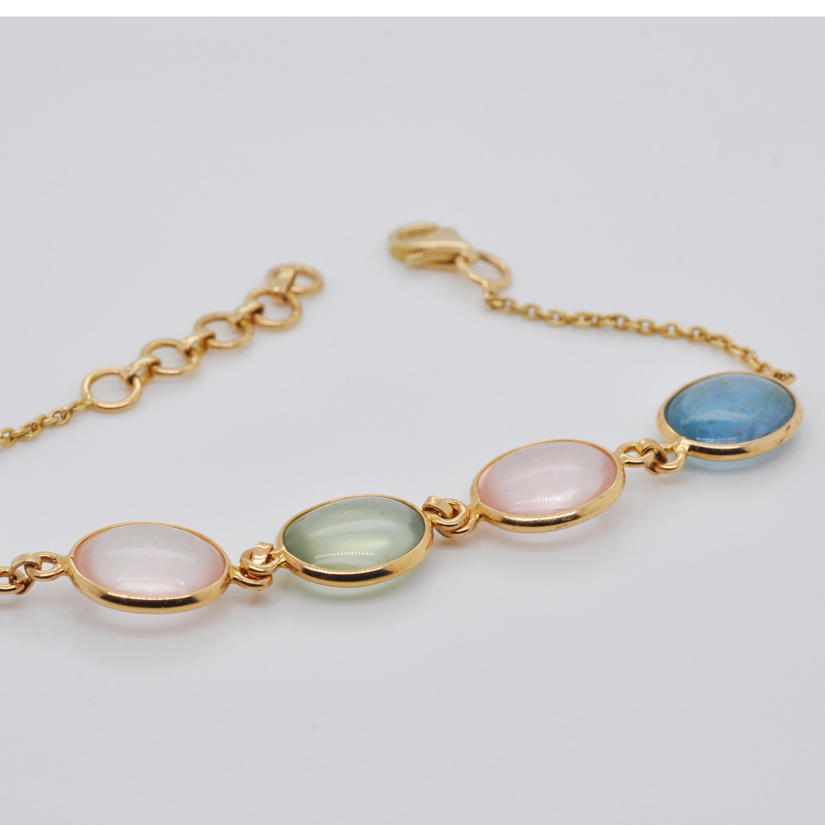 Women's 18 Karat Gold Prehnite Rose Quartz Aquamarine Oval Cabochon Bracelet For Sale
