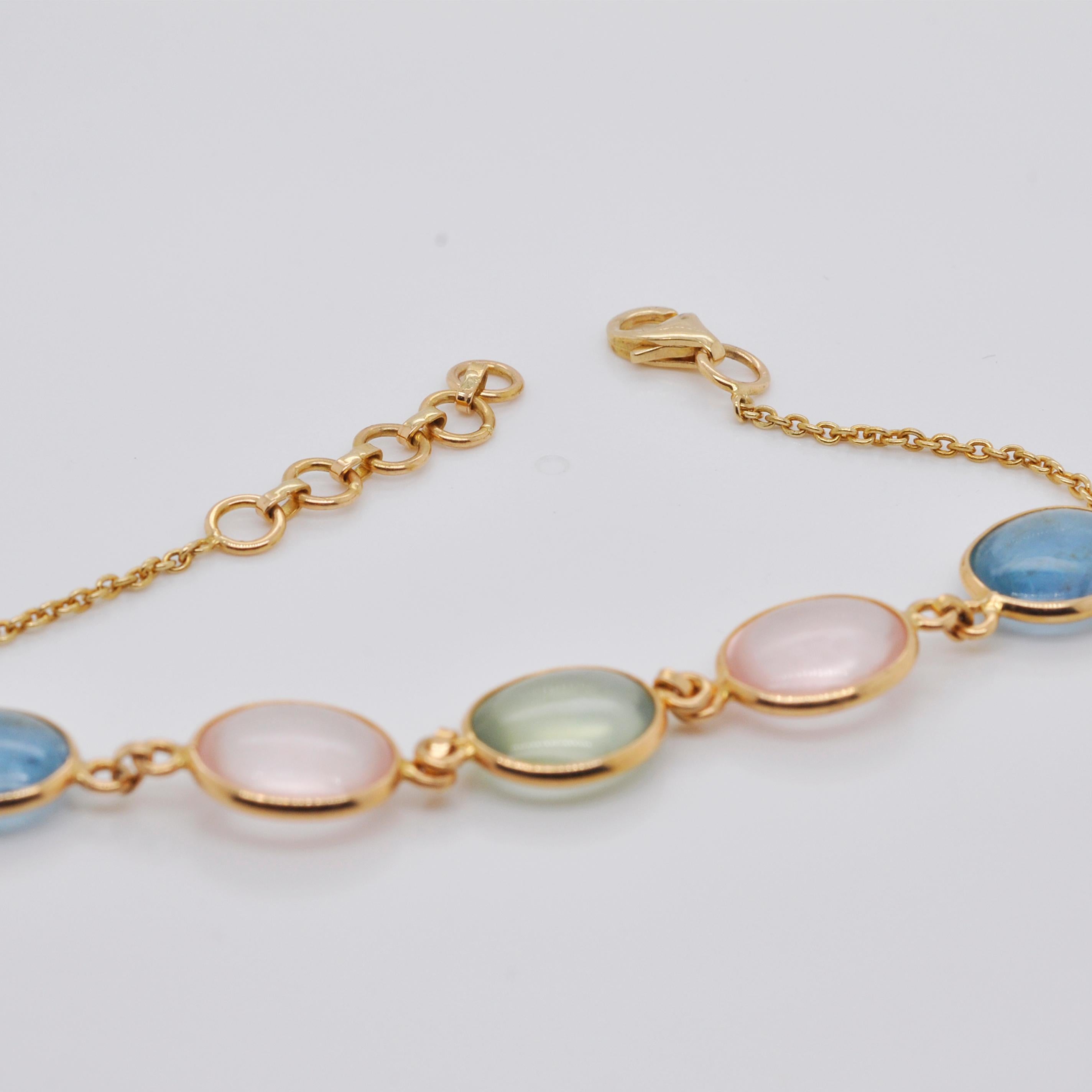 18 Karat Gold Prehnite Rose Quartz Aquamarine Oval Cabochon Bracelet For Sale 2