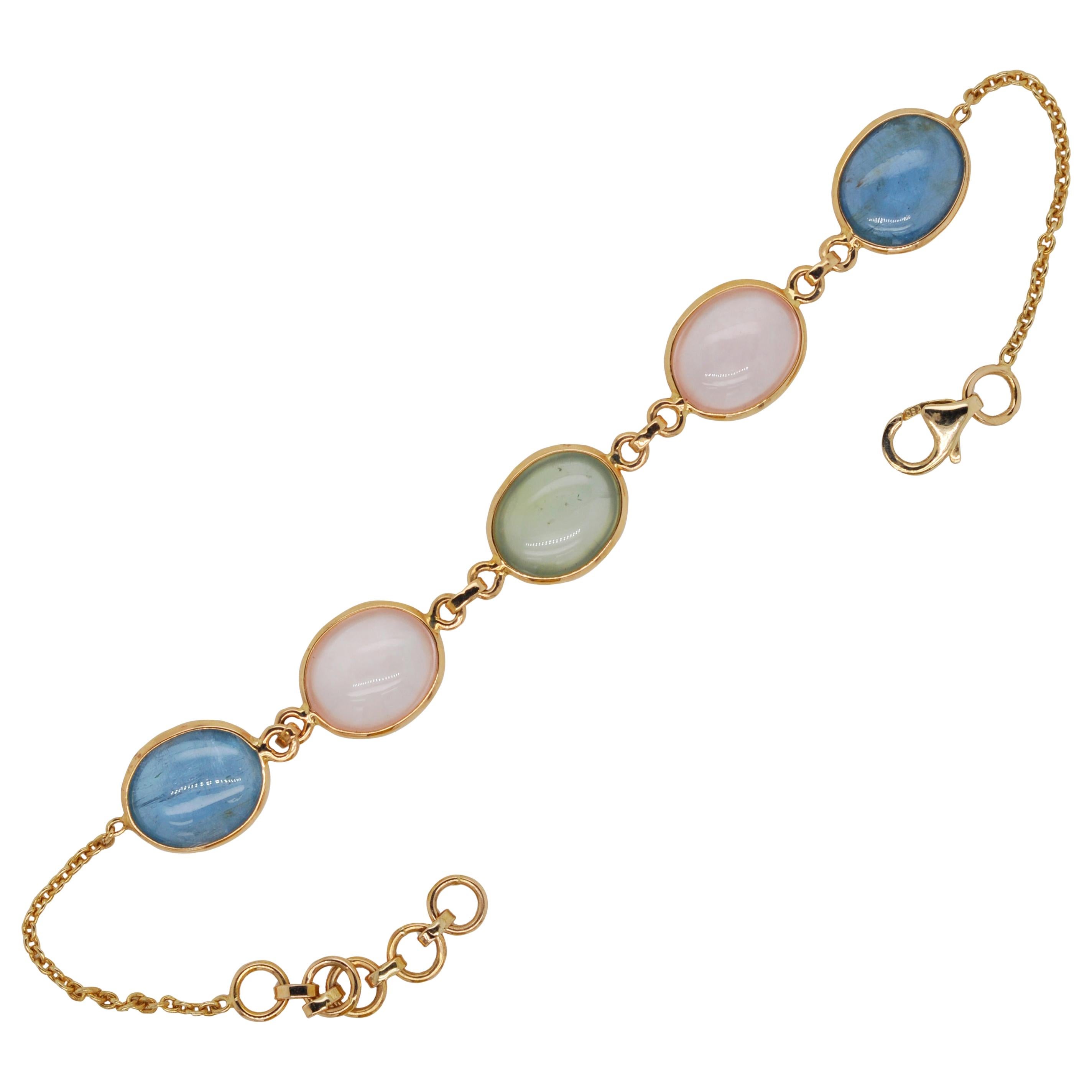 18 Karat Gold Prehnite Rose Quartz Aquamarine Oval Cabochon Bracelet For Sale